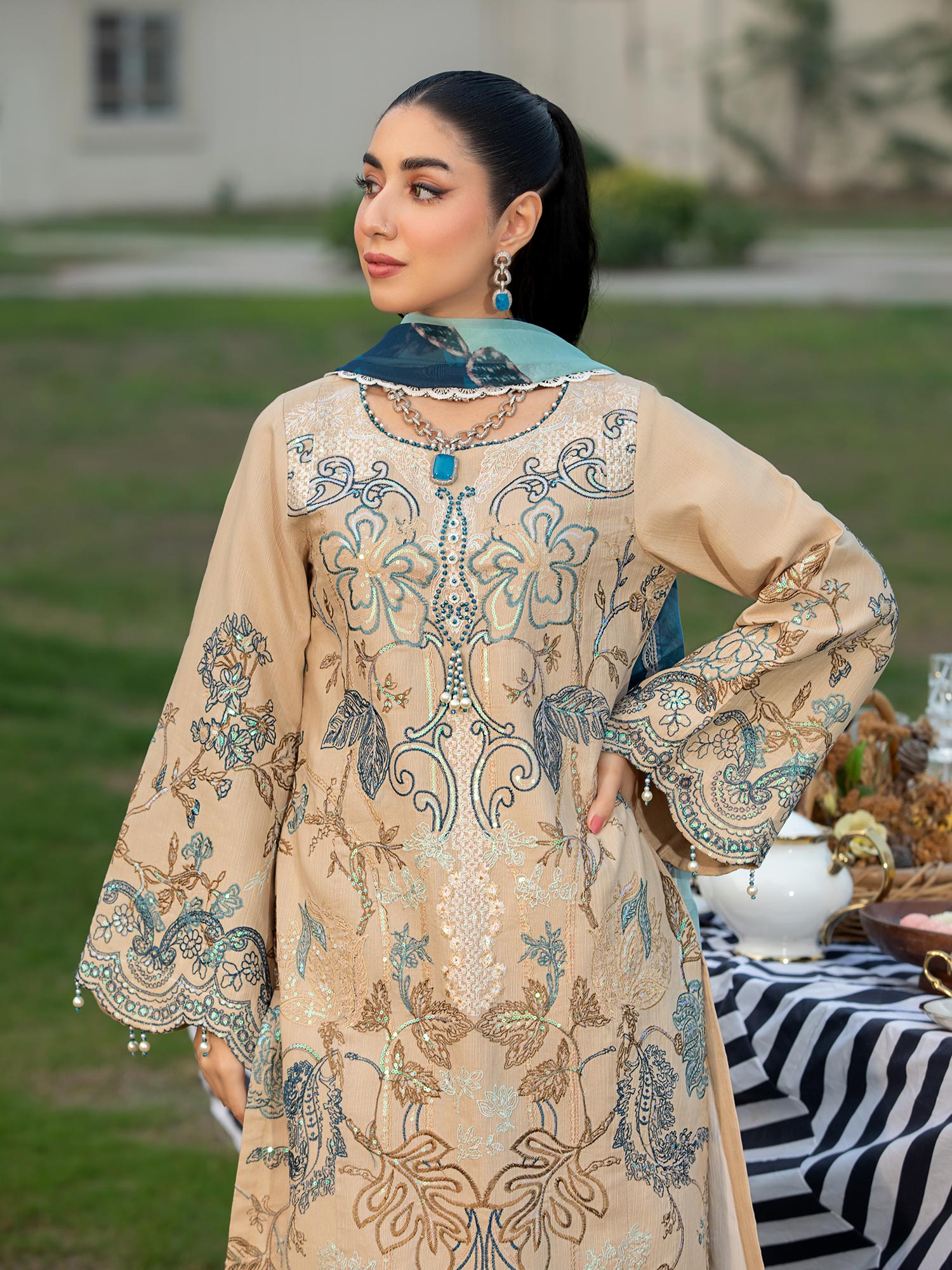 Heera's Beige Embroidered Cambric Cotton 3-Piece Suit