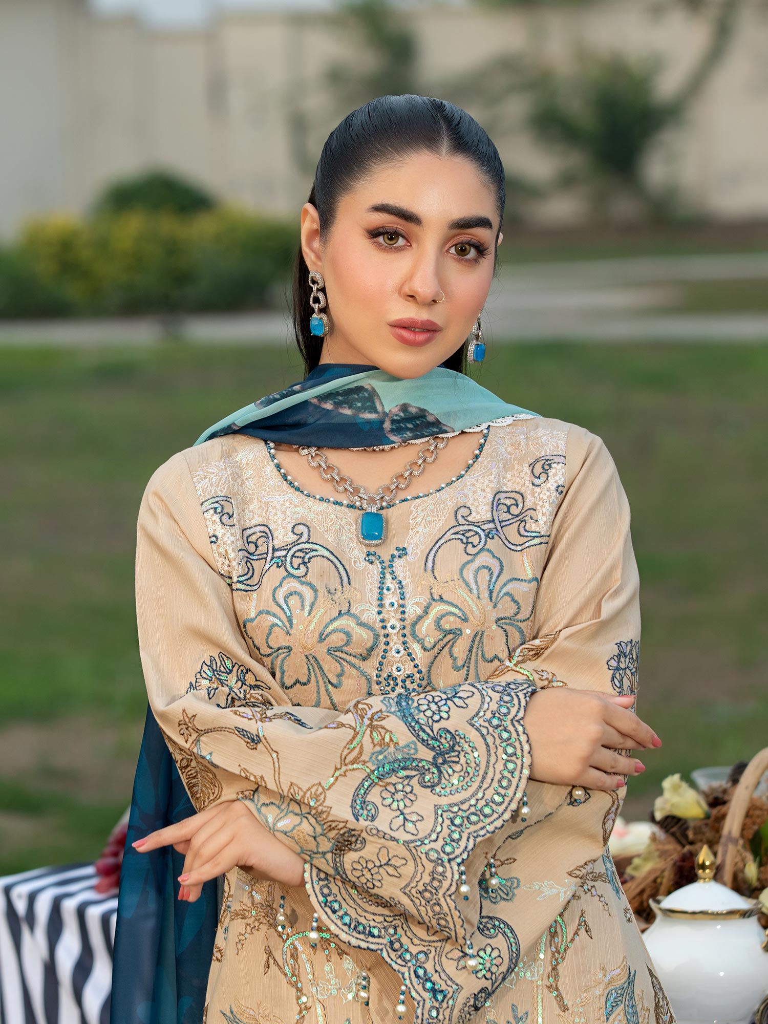 Heera's Beige Embroidered Cambric Cotton 3-Piece Suit