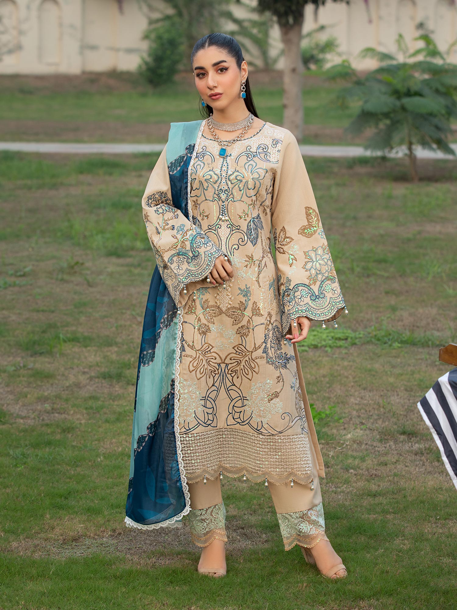 Heera's Beige Embroidered Cambric Cotton 3-Piece Suit