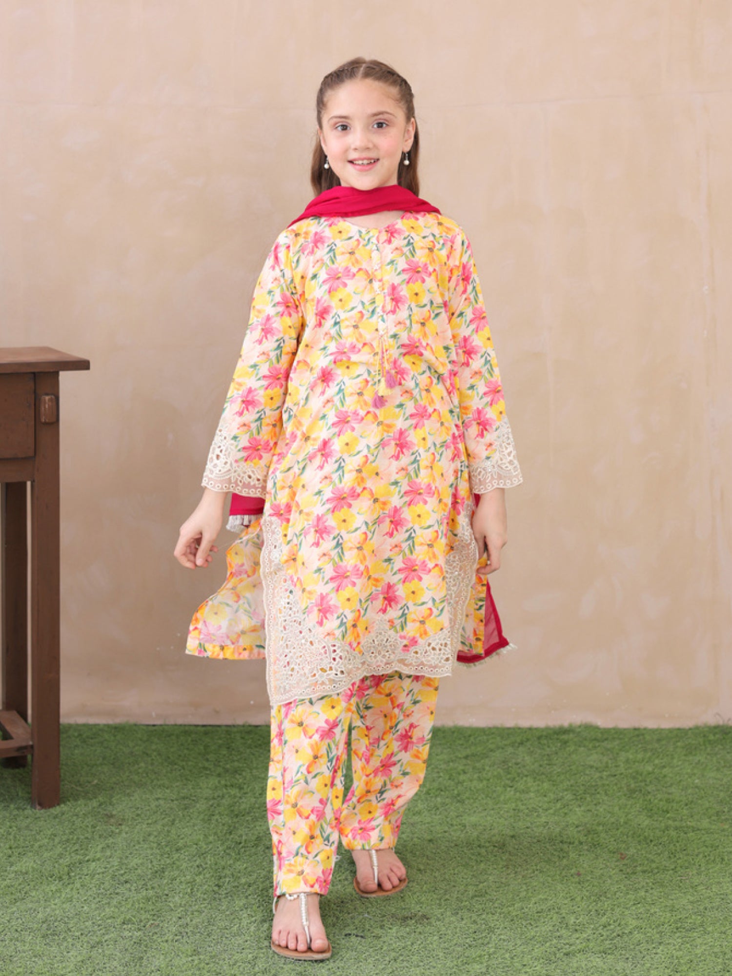 Kids Yellow Embroidered Lawn 3-Piece Co-ords Set