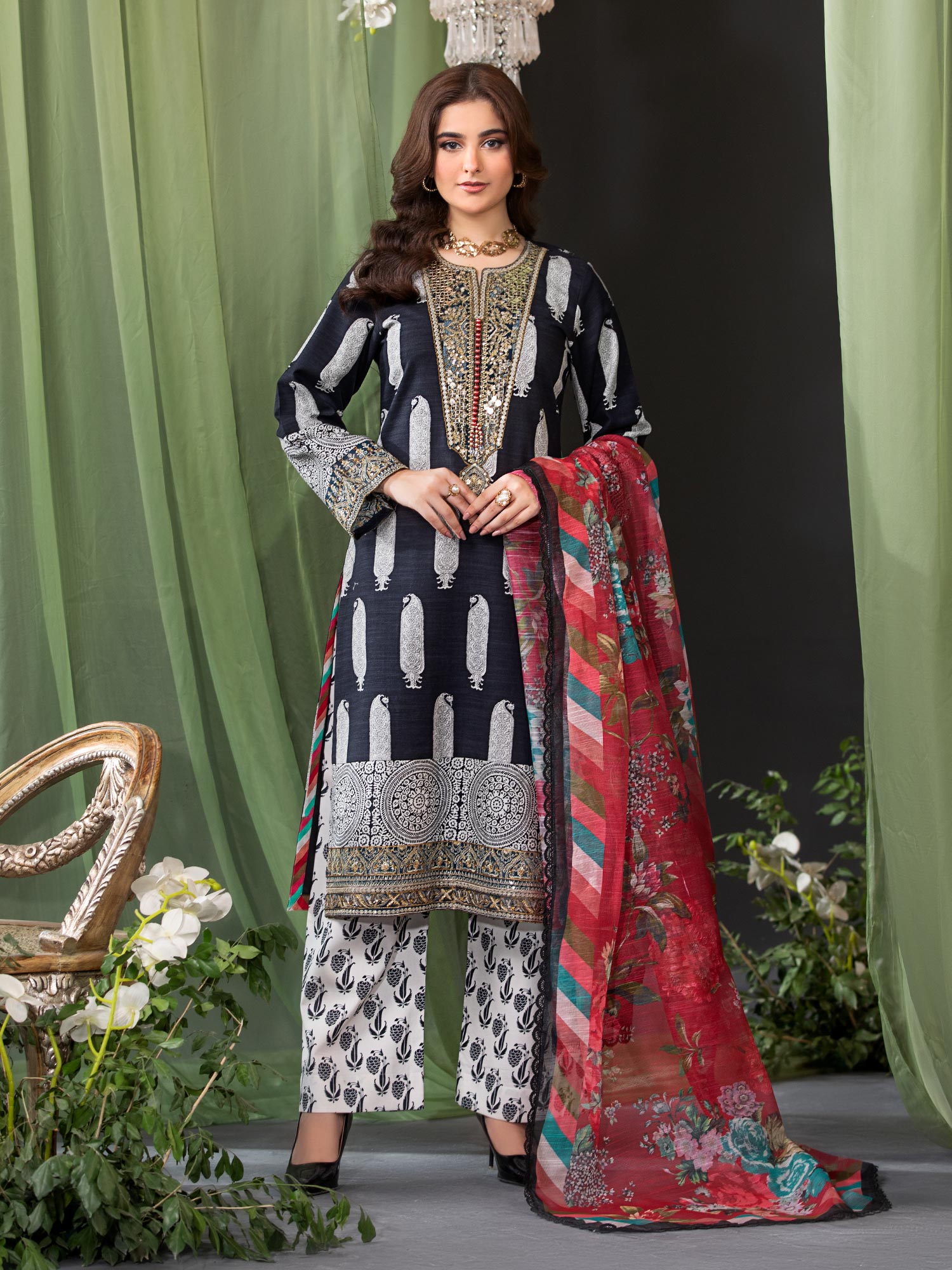 Heera's Black & White Embroidered Cambric Cotton 3-Piece Suit