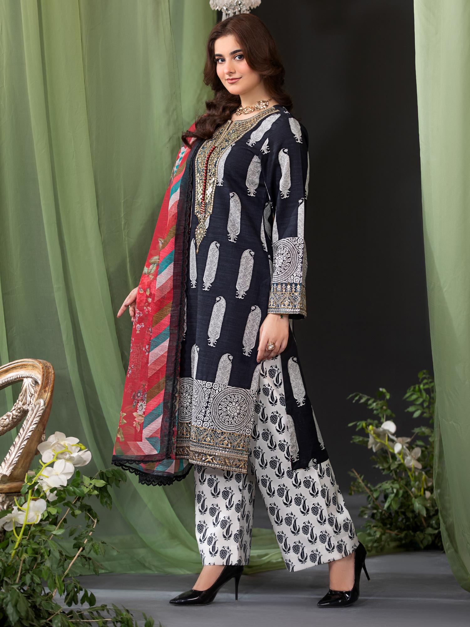 Heera's Black & White Embroidered Cambric Cotton 3-Piece Suit