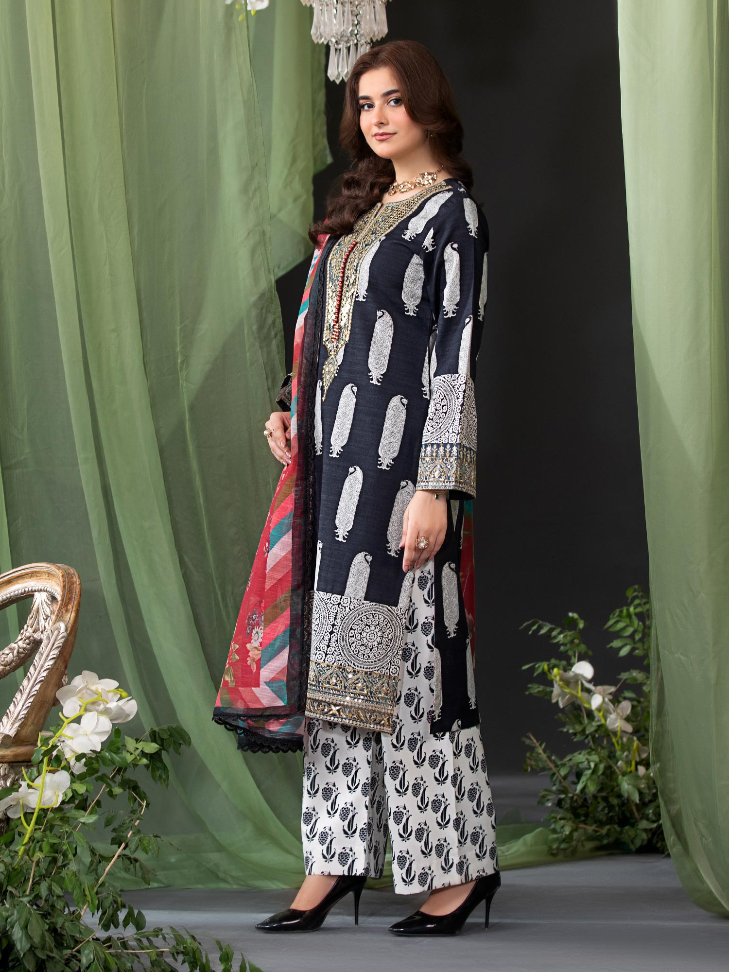 Heera's Black & White Embroidered Cambric Cotton 3-Piece Suit