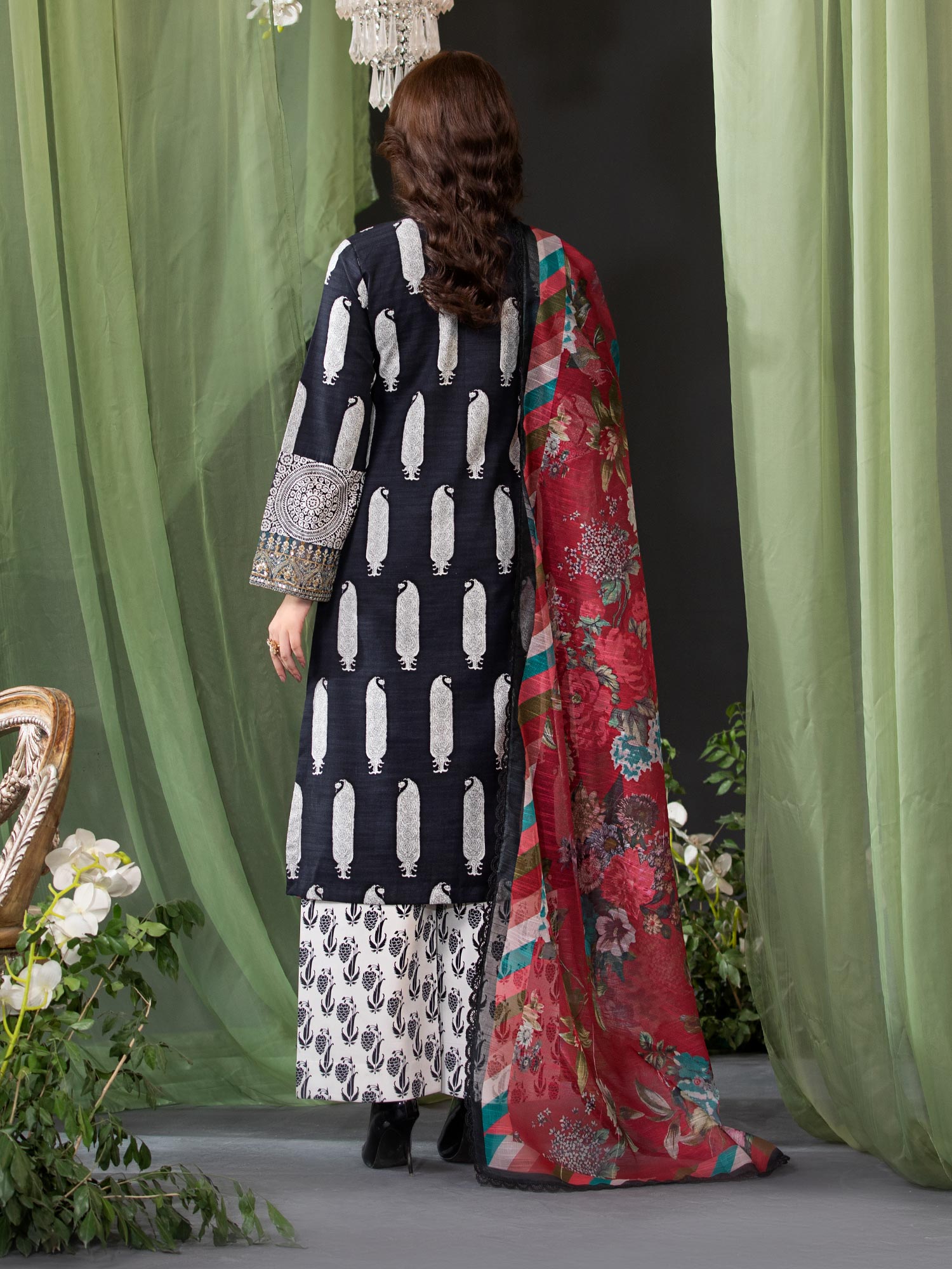 Heera's Black & White Embroidered Cambric Cotton 3-Piece Suit