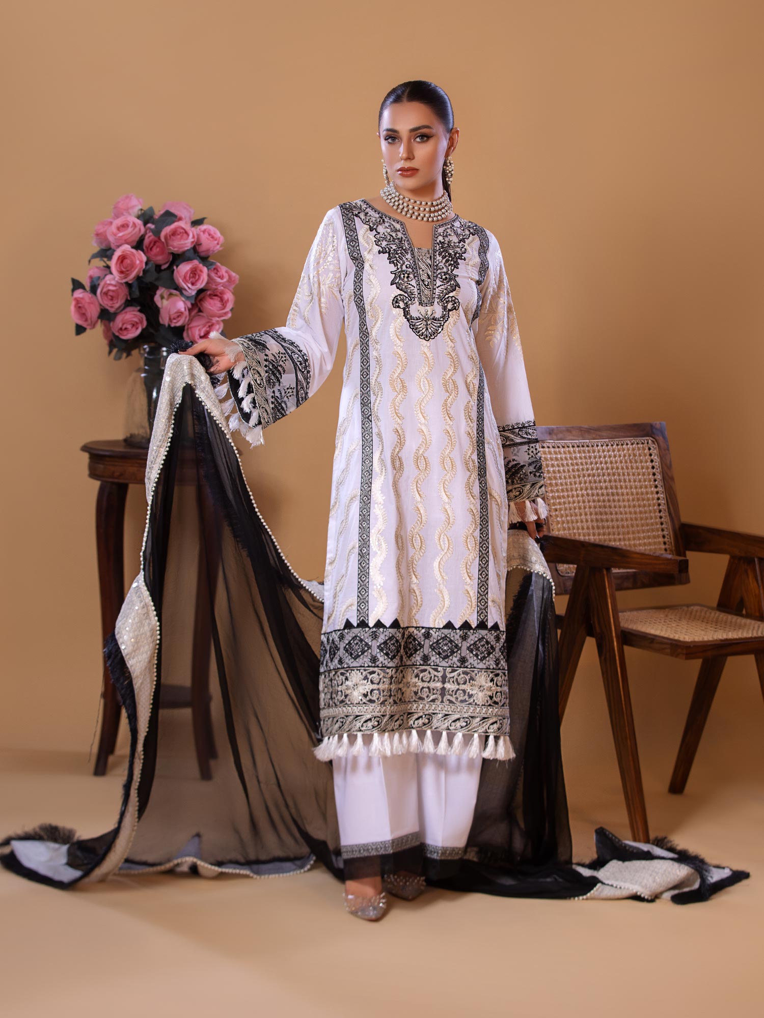 Heera's White Embroidered Cambric Cotton 3-Piece Suit