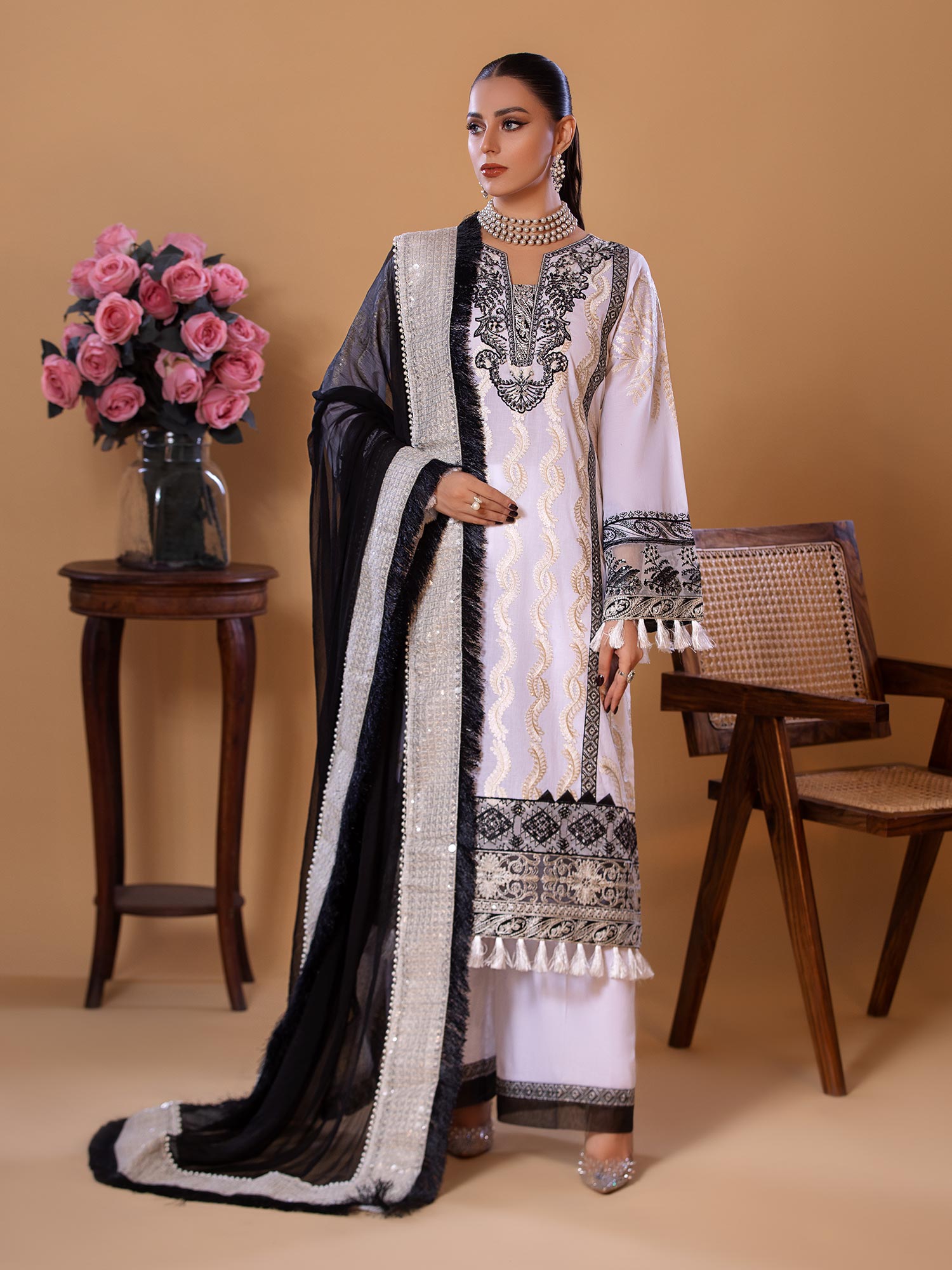 Heera's White Embroidered Cambric Cotton 3-Piece Suit