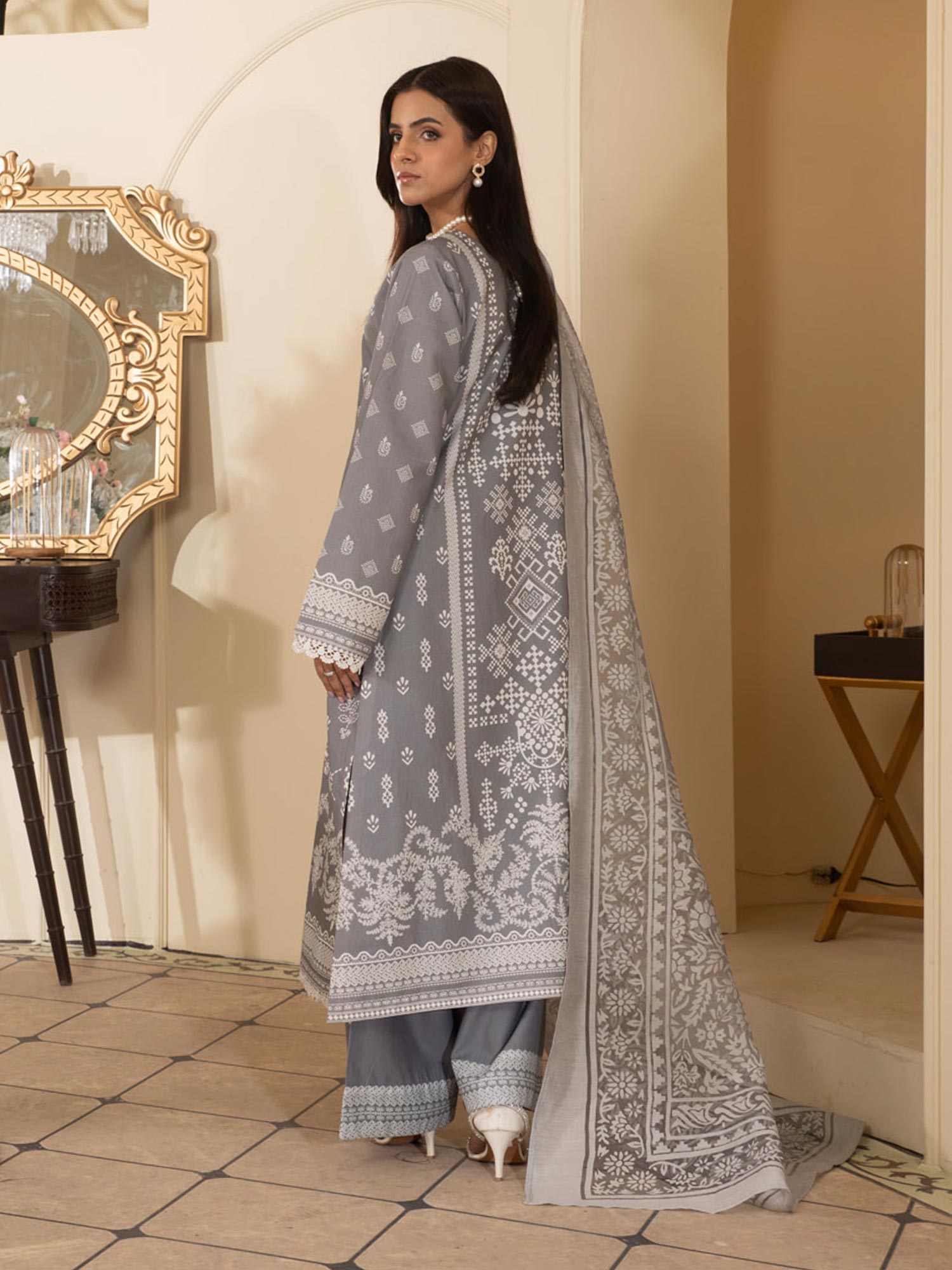 Heera's Grey Embroidered Airjet Cotton 3-Piece Suit