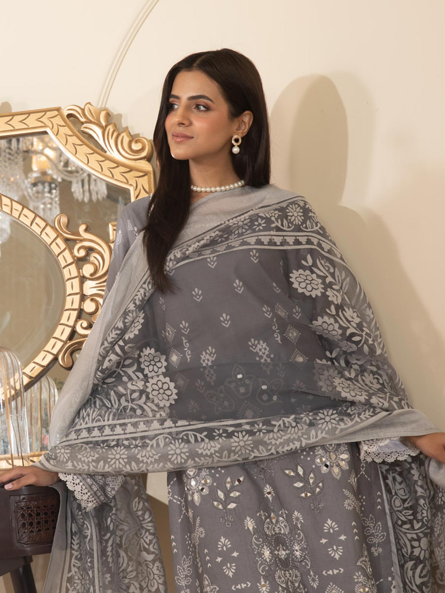 Heera's Grey Embroidered Airjet Cotton 3-Piece Suit