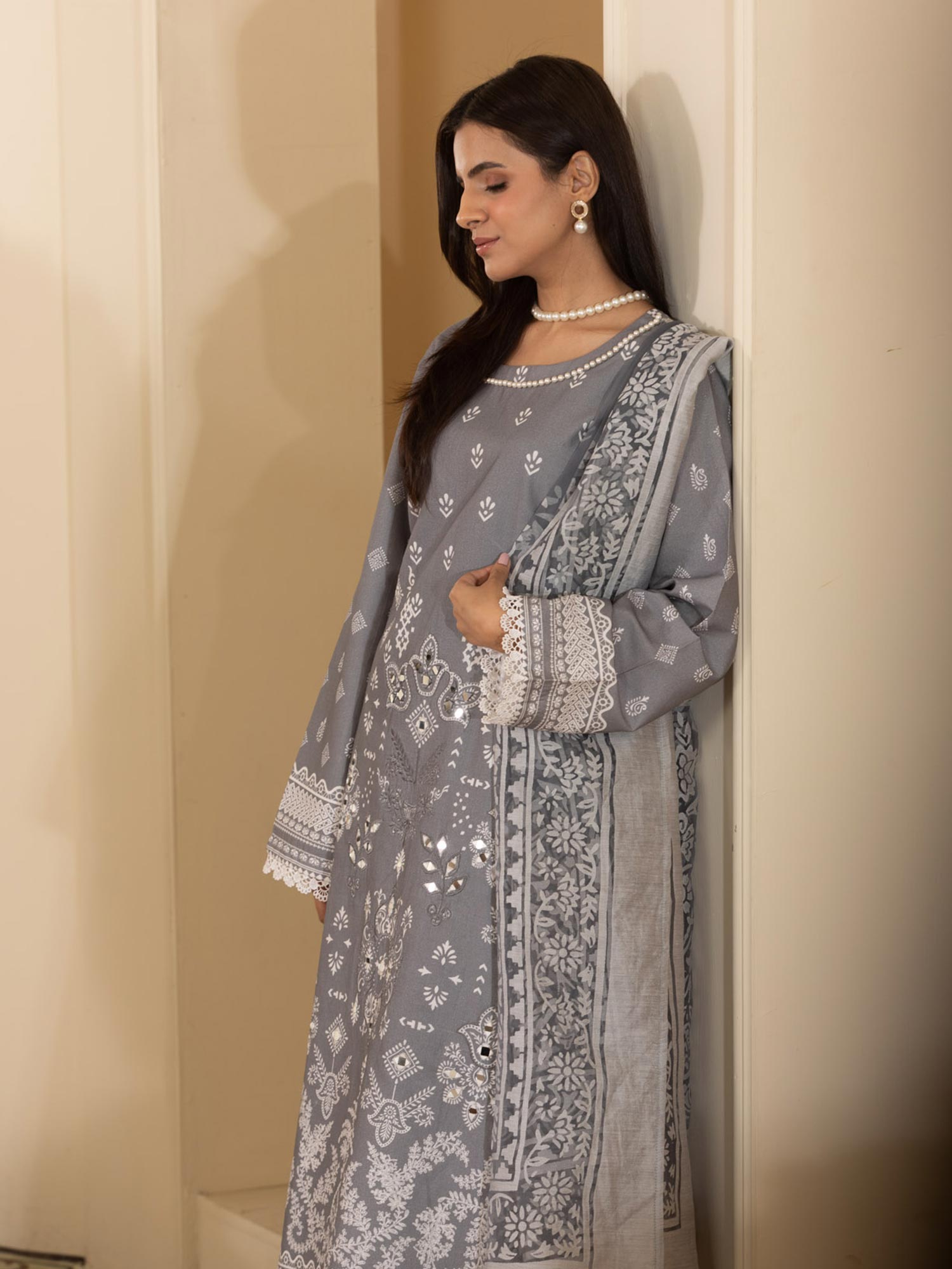 Heera's Grey Embroidered Airjet Cotton 3-Piece Suit