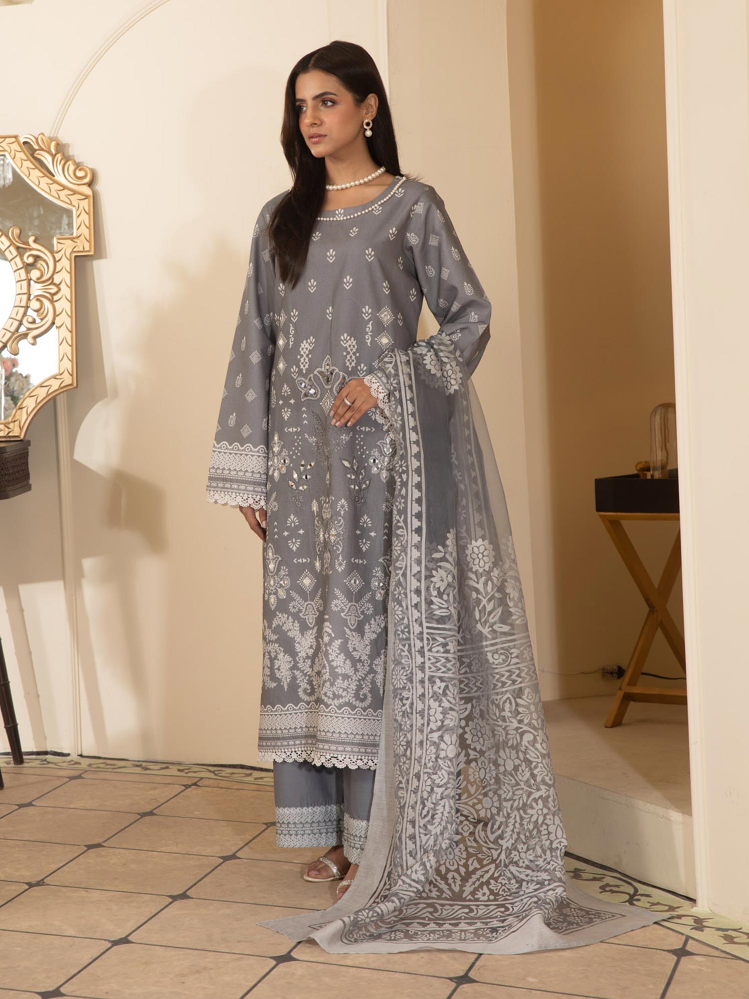 Heera's Grey Embroidered Airjet Cotton 3-Piece Suit