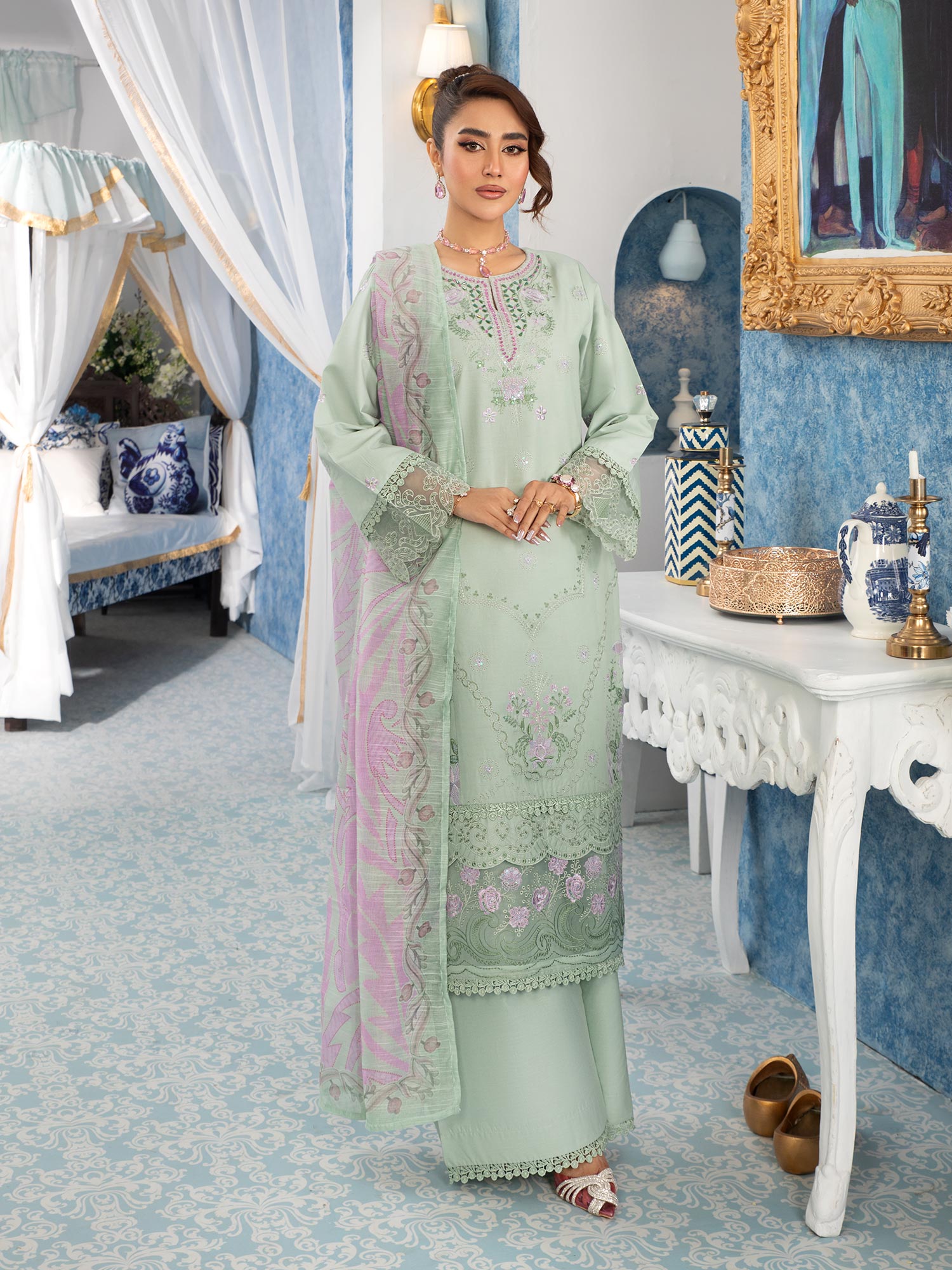 Heera's Pistachio Embroidered Cambric Cotton 3-Piece Suit