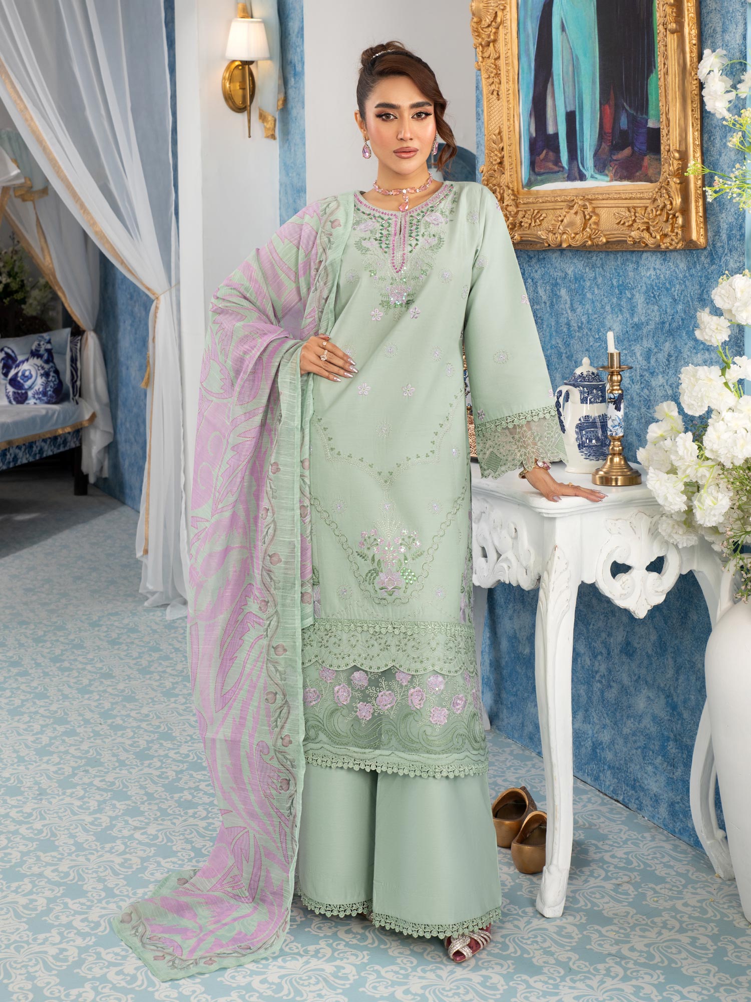 Heera's Pistachio Embroidered Cambric Cotton 3-Piece Suit