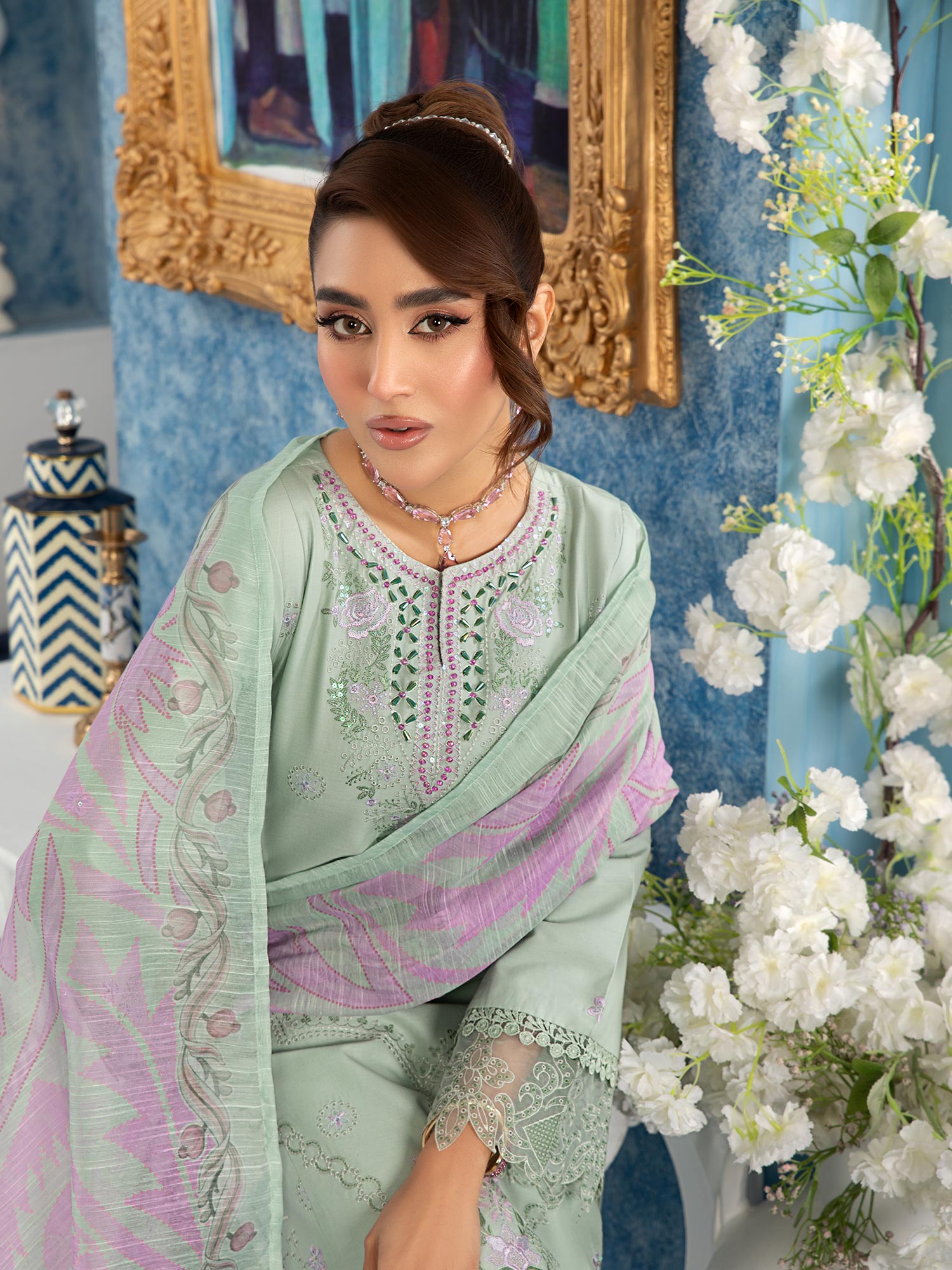 Heera's Pistachio Embroidered Cambric Cotton 3-Piece Suit