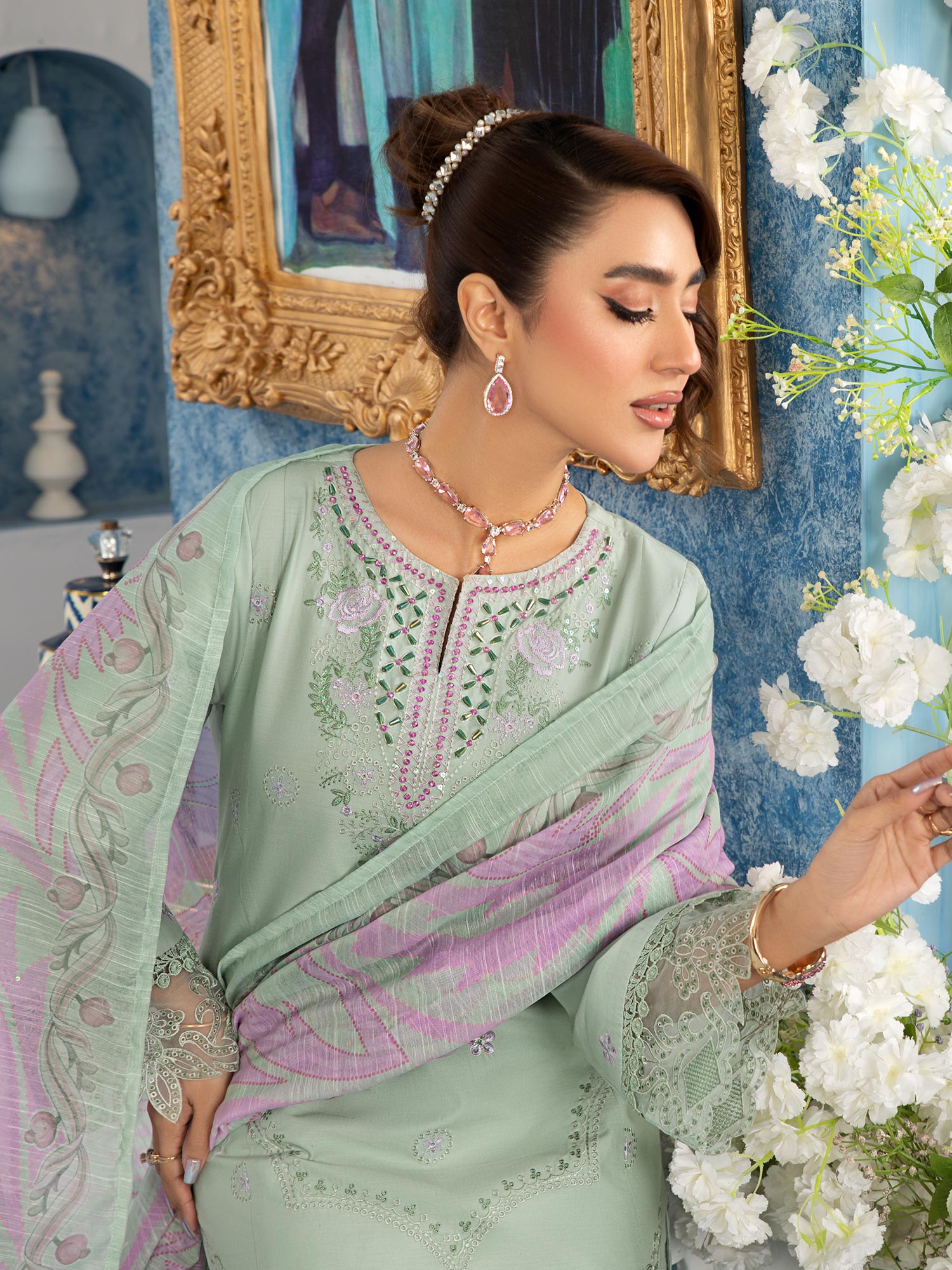 Heera's Pistachio Embroidered Cambric Cotton 3-Piece Suit