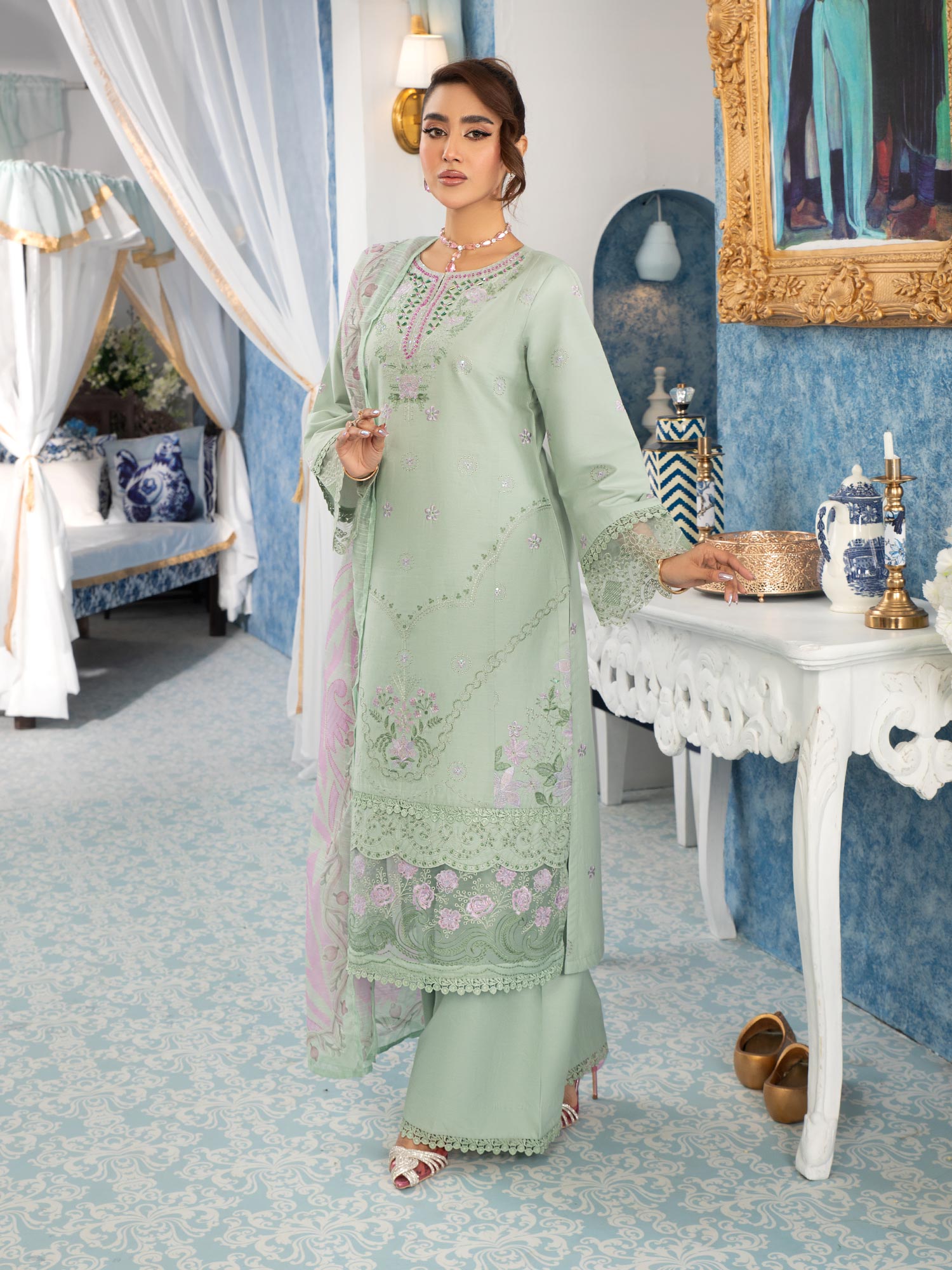 Heera's Pistachio Embroidered Cambric Cotton 3-Piece Suit