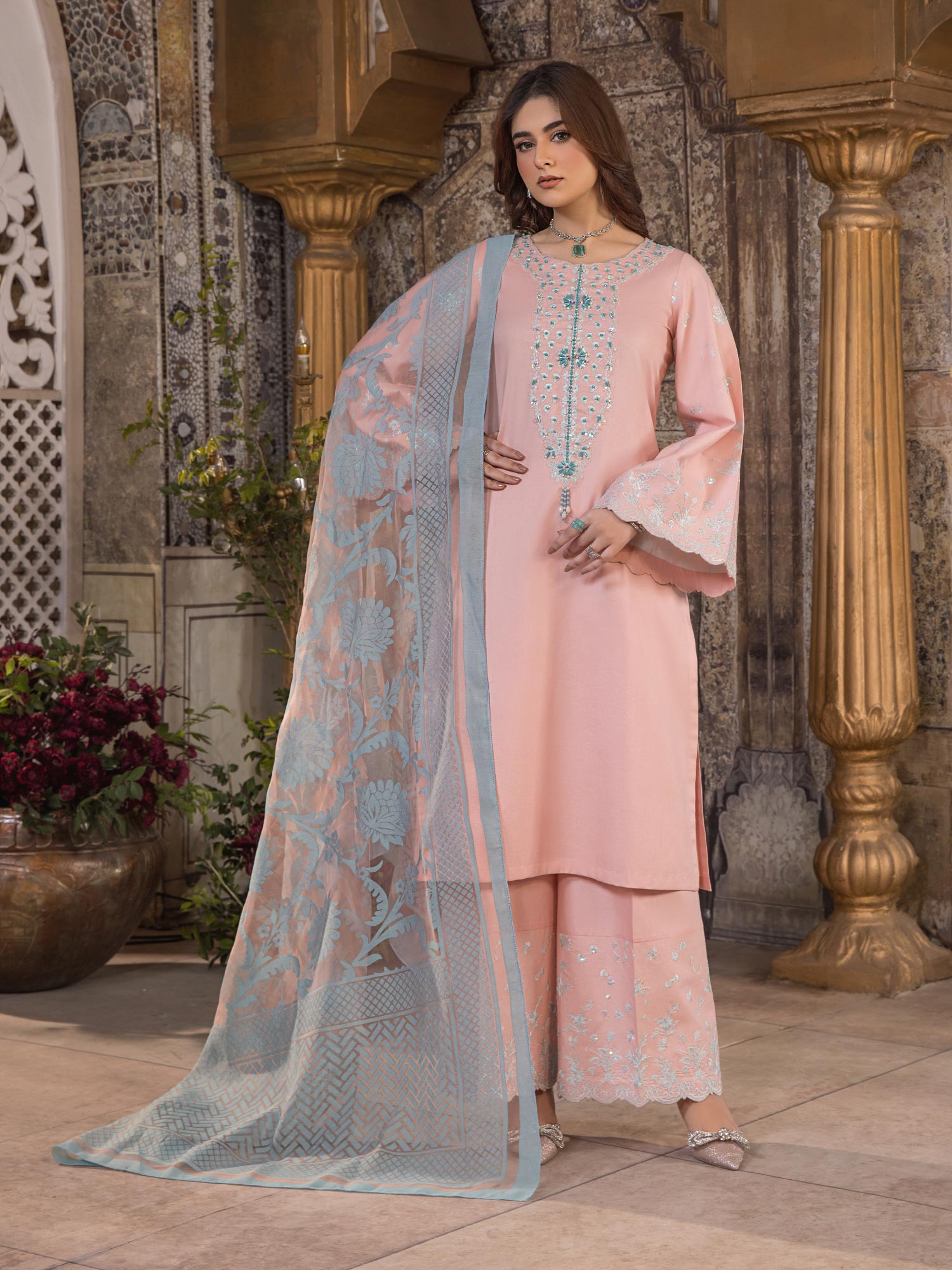 Heera's Pink Embroidered Cambric Cotton 3-Piece Suit