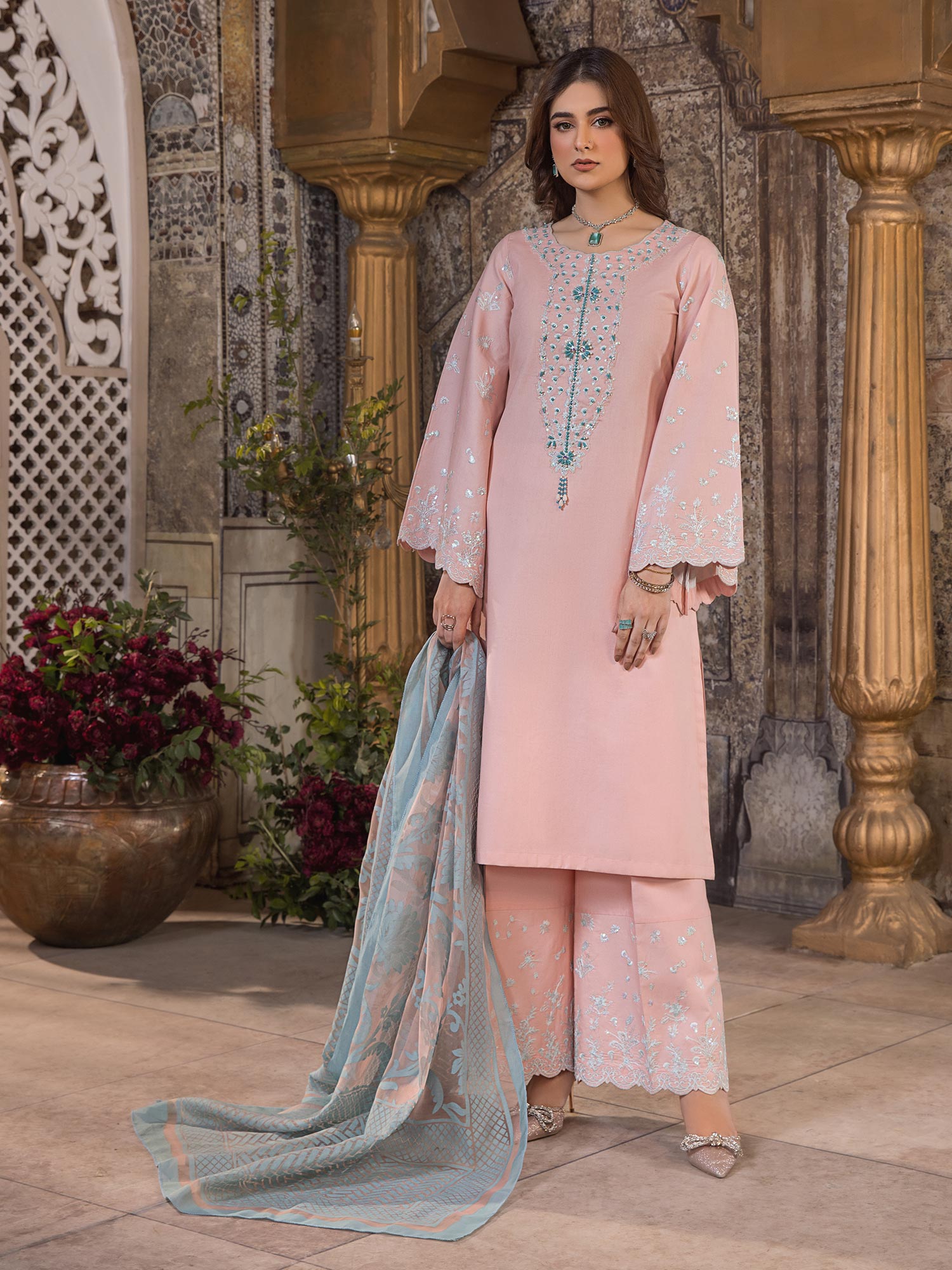 Heera's Pink Embroidered Cambric Cotton 3-Piece Suit