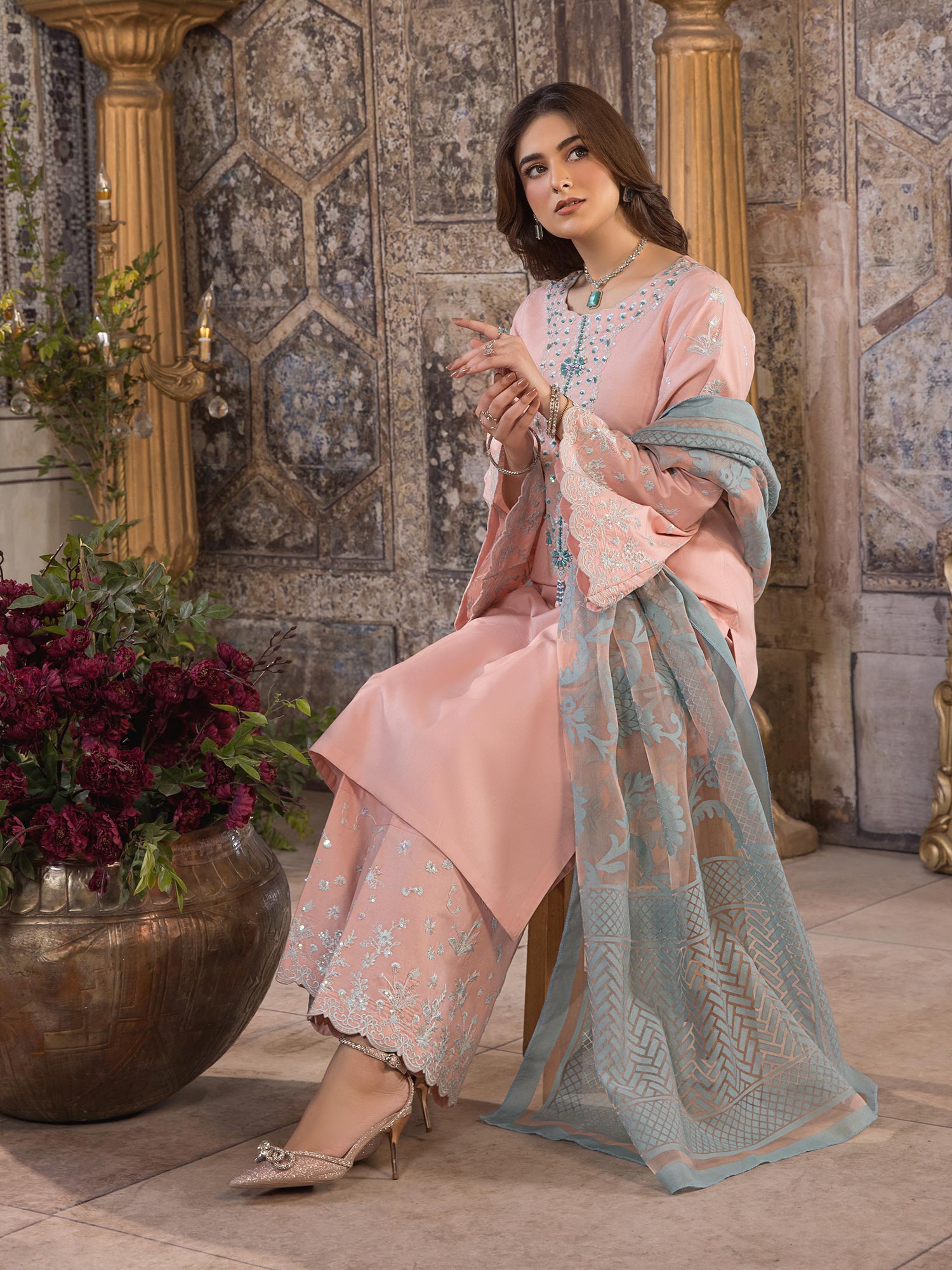 Heera's Pink Embroidered Cambric Cotton 3-Piece Suit