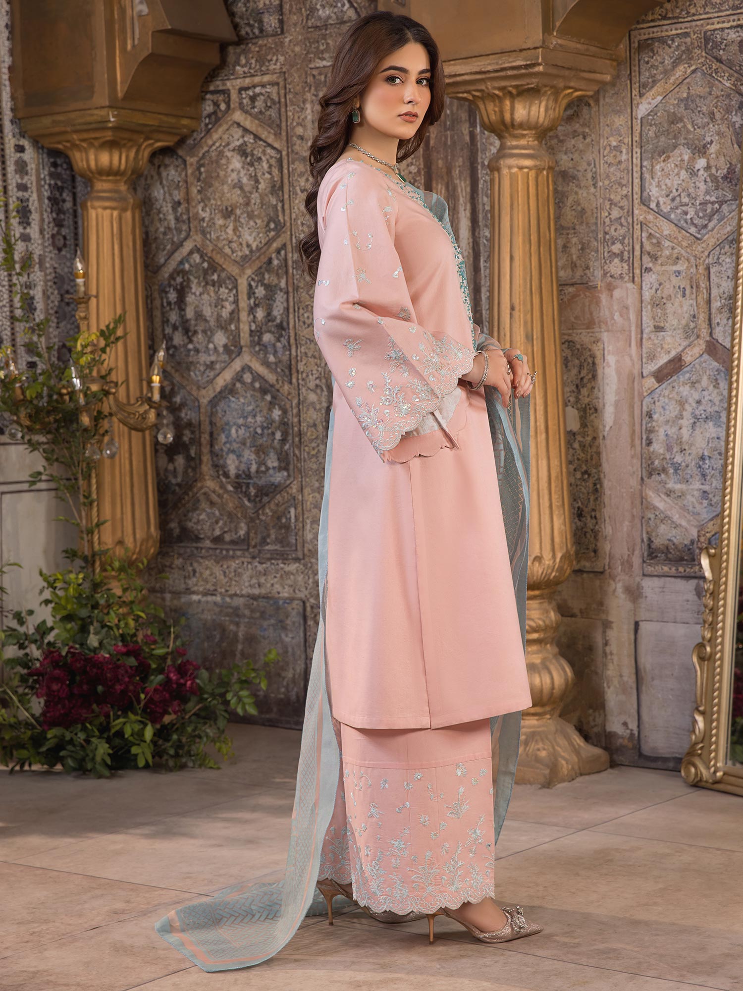 Heera's Pink Embroidered Cambric Cotton 3-Piece Suit