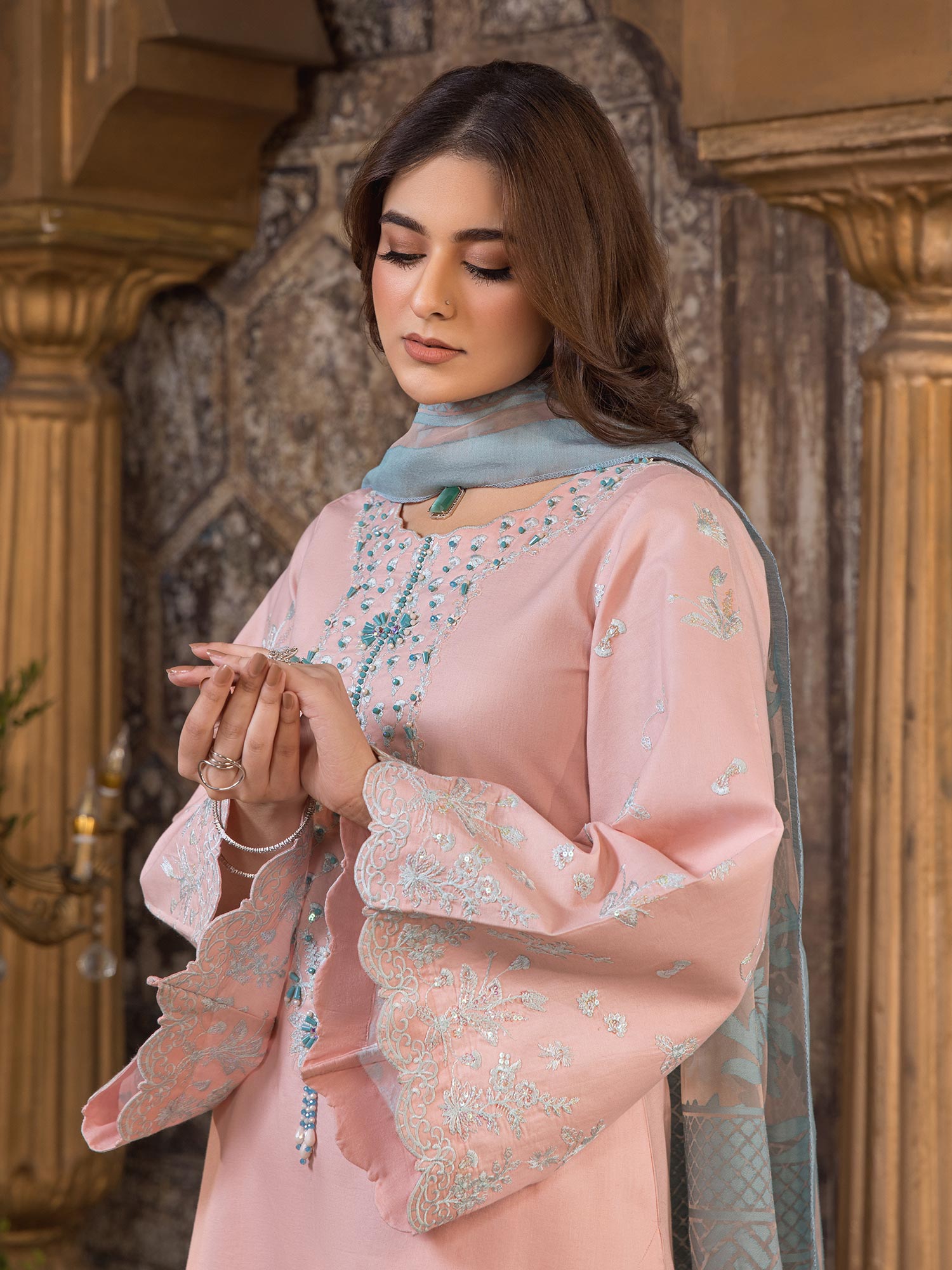 Heera's Pink Embroidered Cambric Cotton 3-Piece Suit