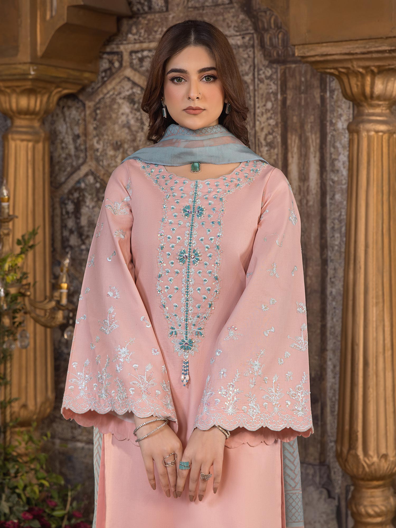 Heera's Pink Embroidered Cambric Cotton 3-Piece Suit