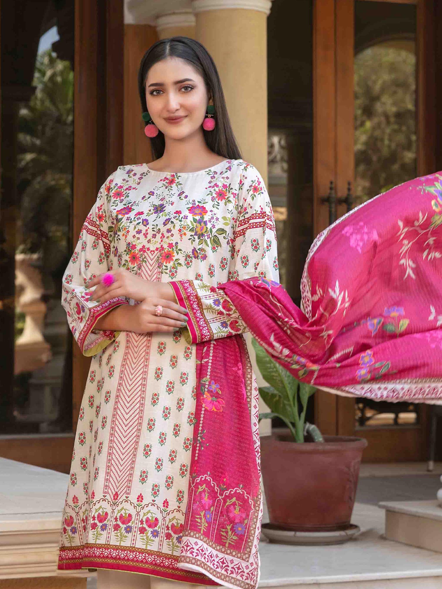 Tawakkal "Masooma" 3-Piece Lawn Suit (D1499) - Ivory & Pink