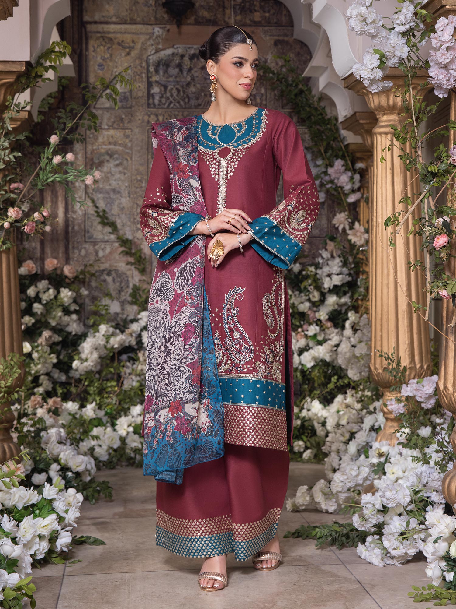 Heera's Red Embroidered Cambric Cotton 3-Piece Suit