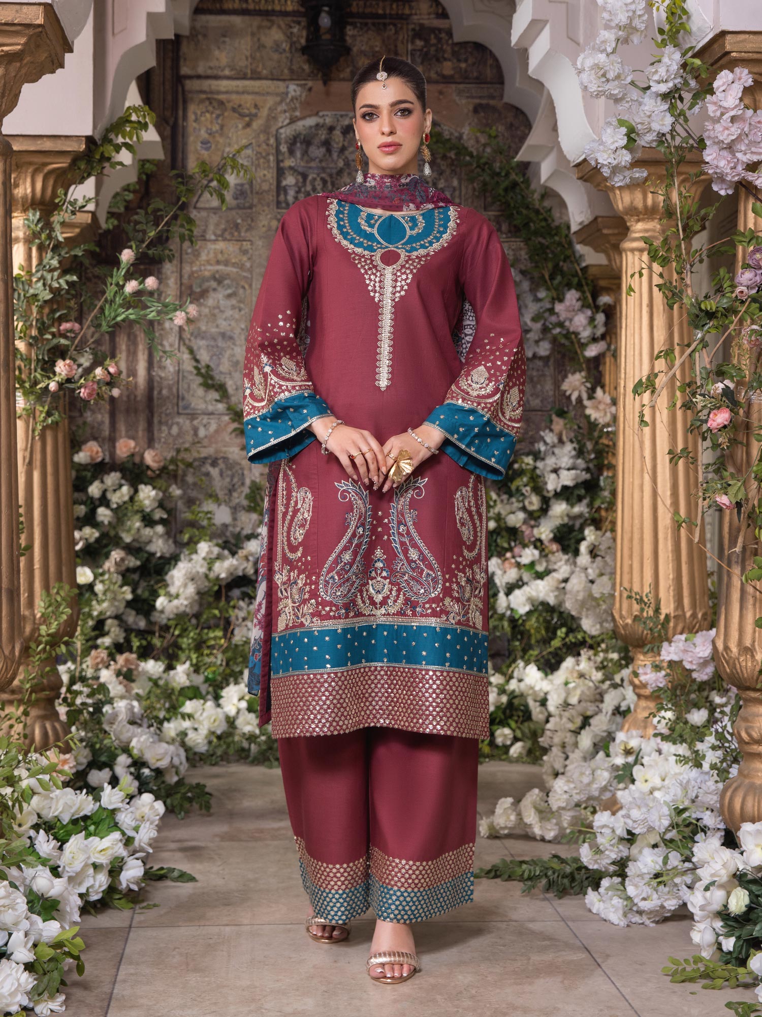 Heera's Red Embroidered Cambric Cotton 3-Piece Suit