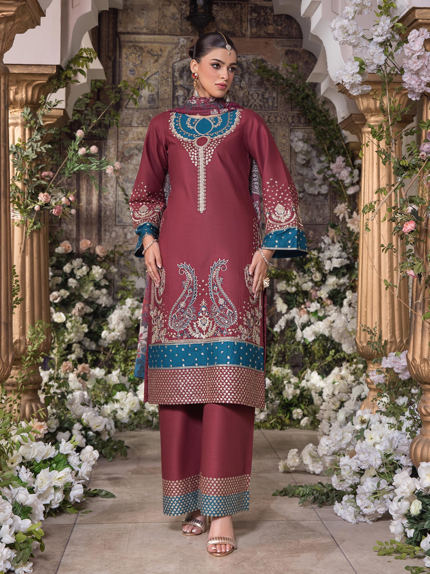 Heera's Red Embroidered Cambric Cotton 3-Piece Suit