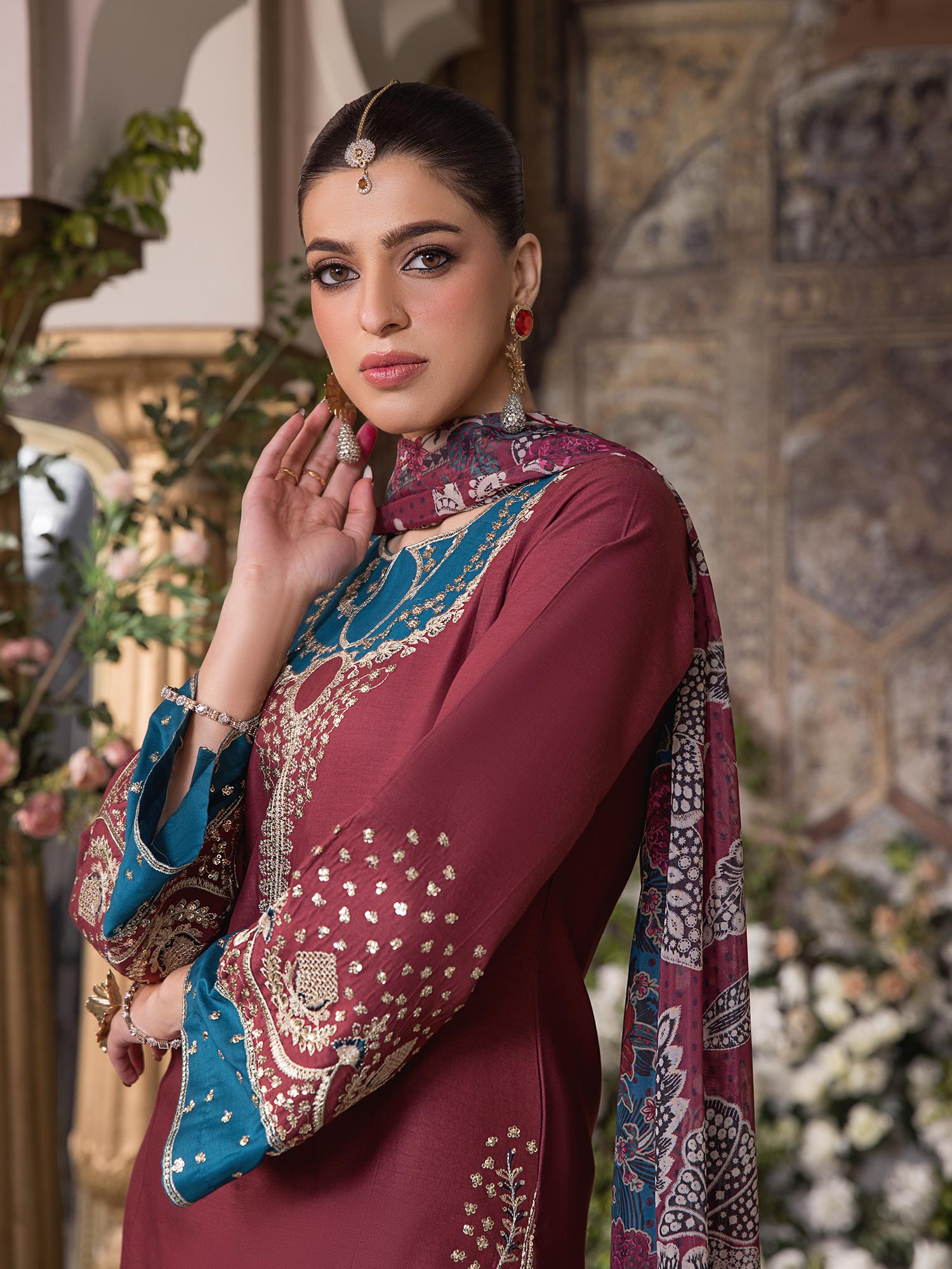 Heera's Red Embroidered Cambric Cotton 3-Piece Suit