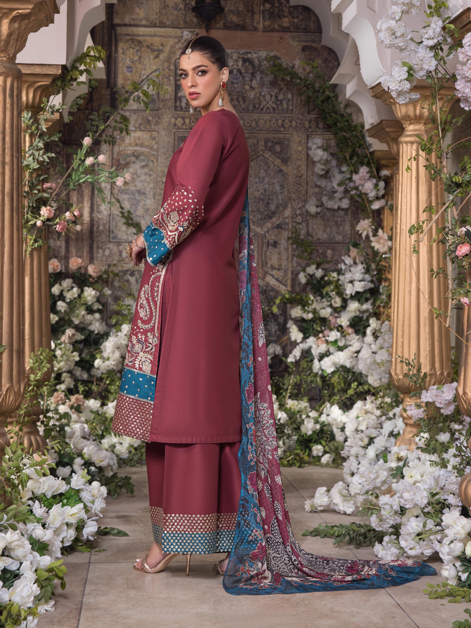 Heera's Red Embroidered Cambric Cotton 3-Piece Suit