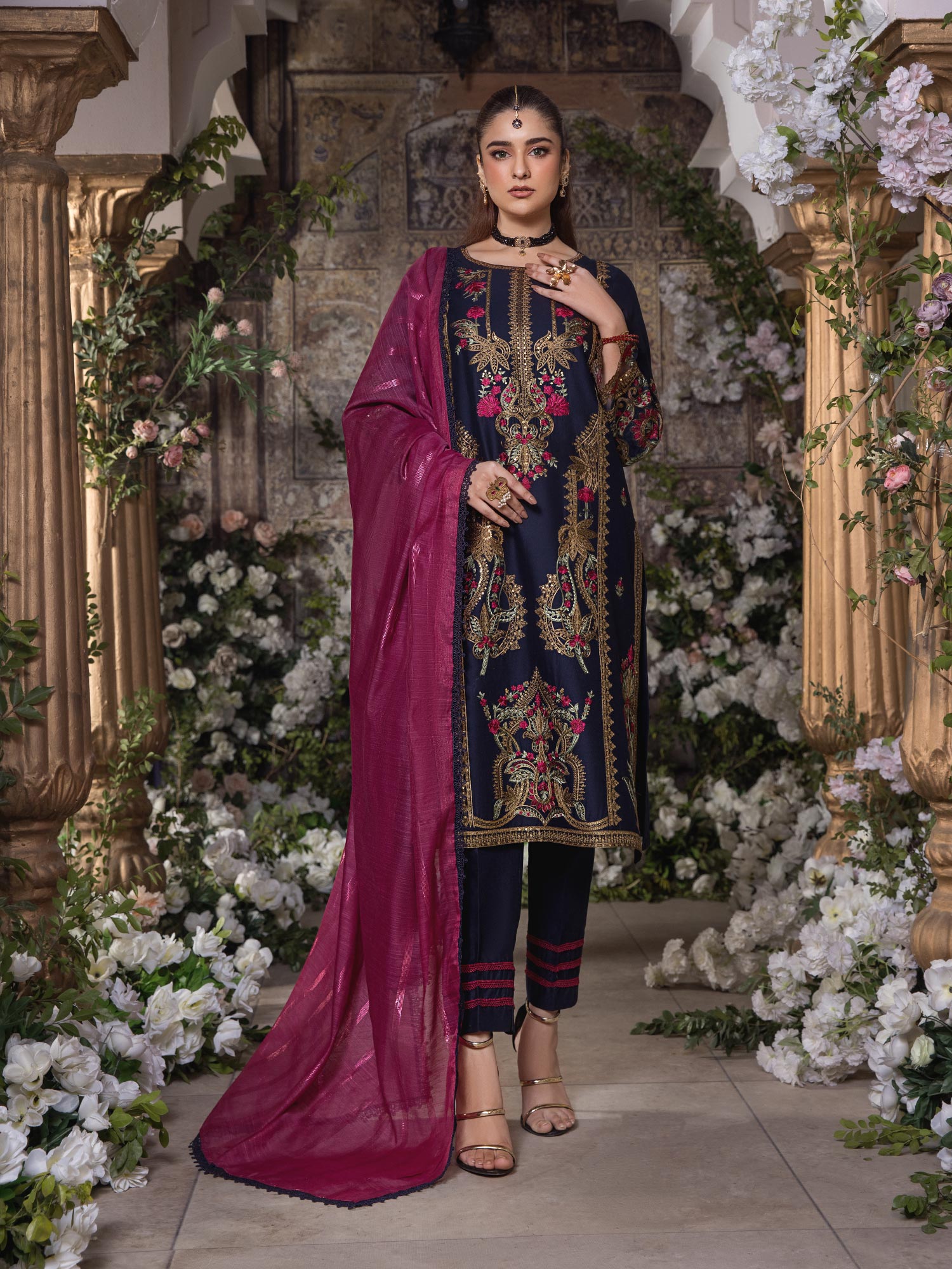 Heera's Navy Blue Embroidered Cambric Cotton 3-Piece Suit