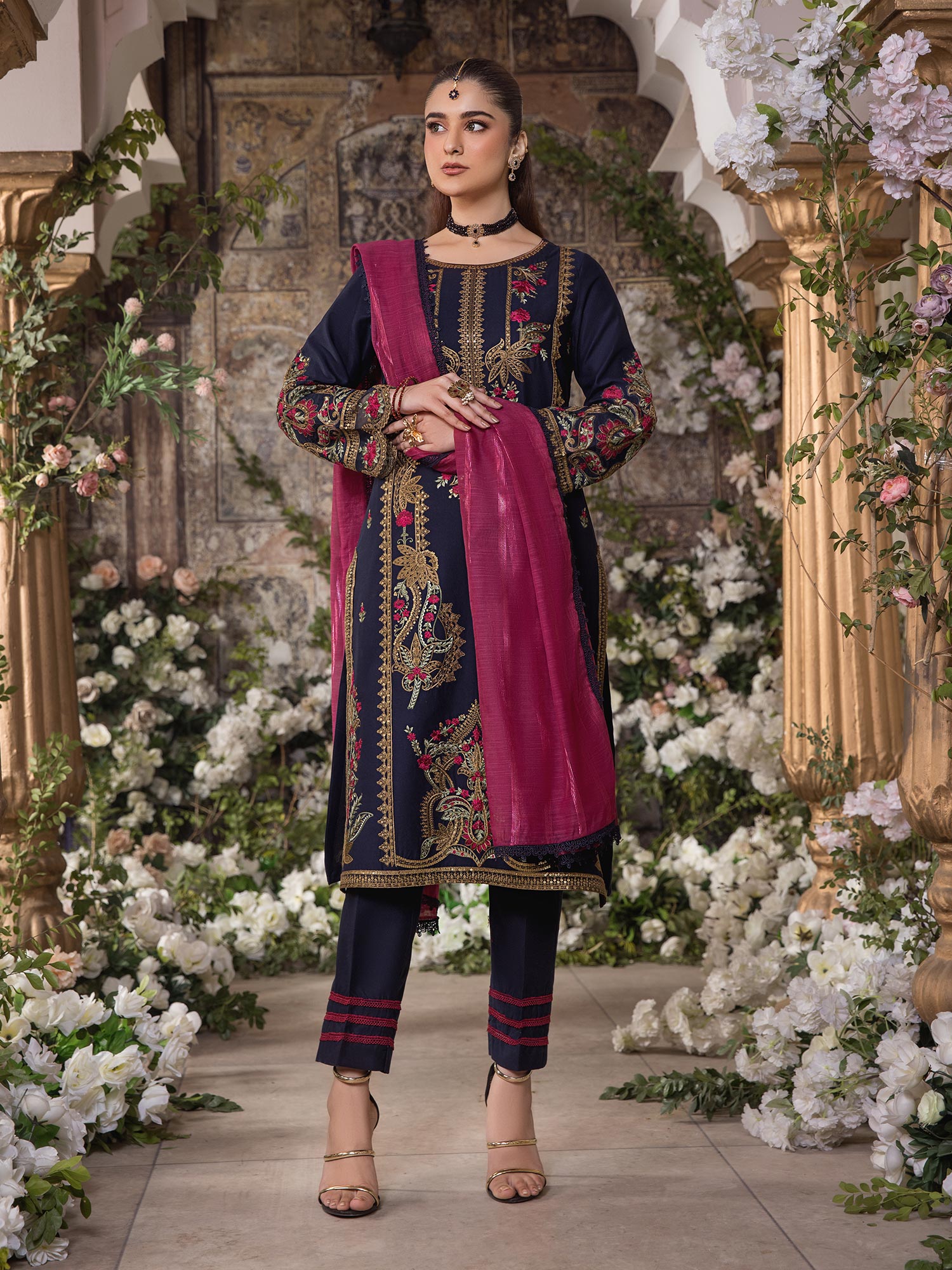 Heera's Navy Blue Embroidered Cambric Cotton 3-Piece Suit