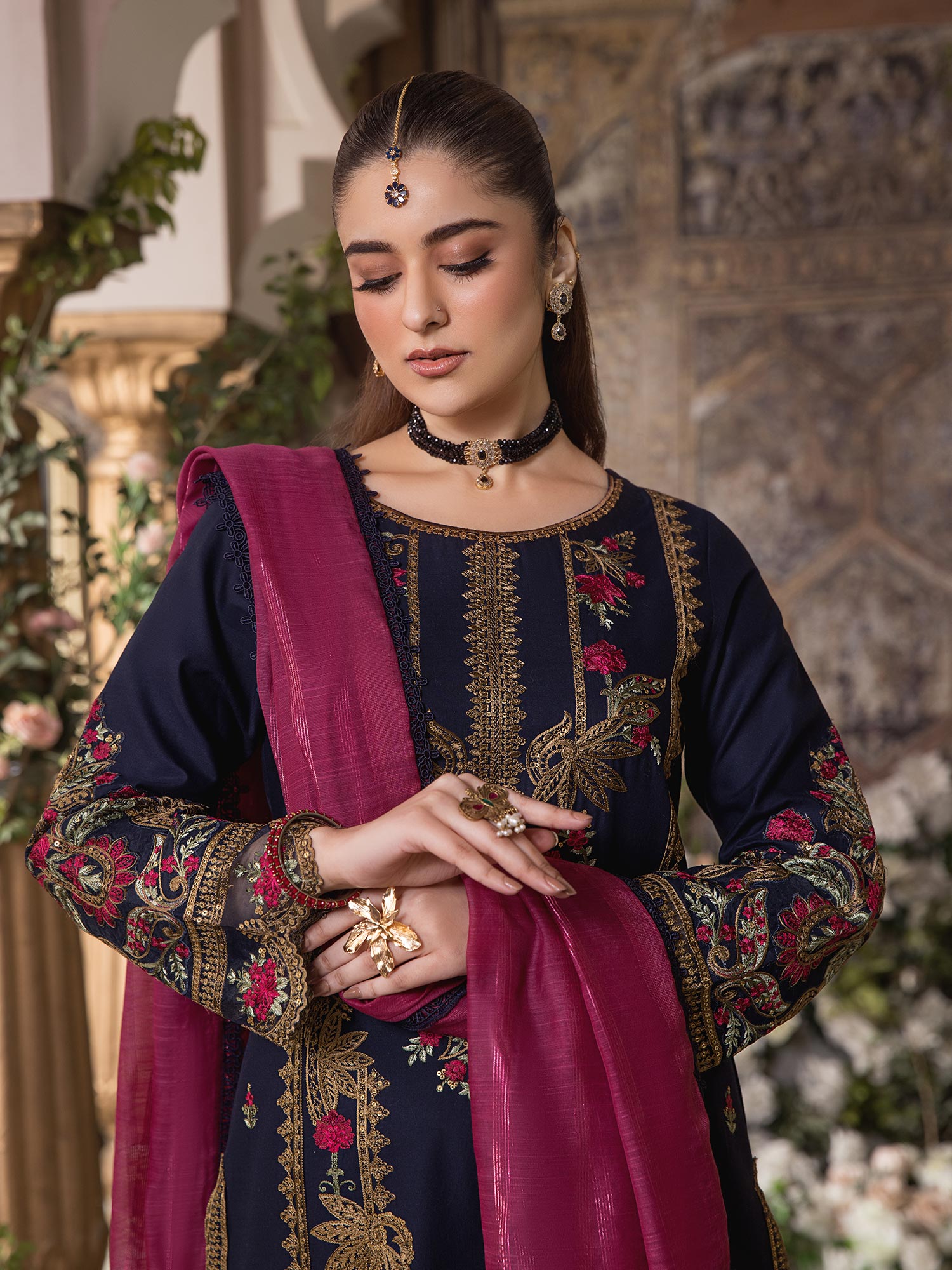 Heera's Navy Blue Embroidered Cambric Cotton 3-Piece Suit