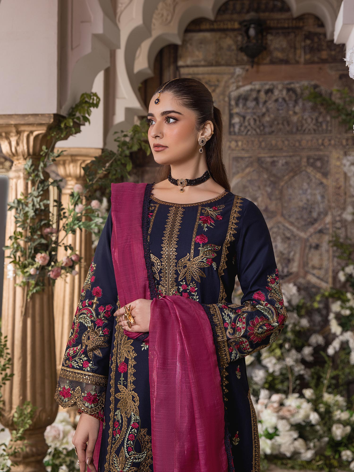Heera's Navy Blue Embroidered Cambric Cotton 3-Piece Suit