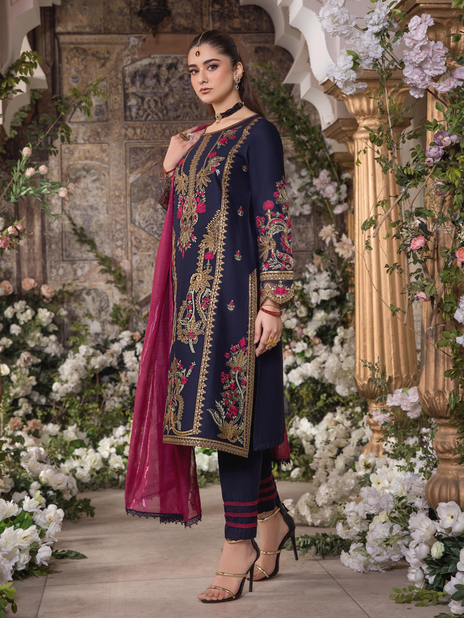 Heera's Navy Blue Embroidered Cambric Cotton 3-Piece Suit