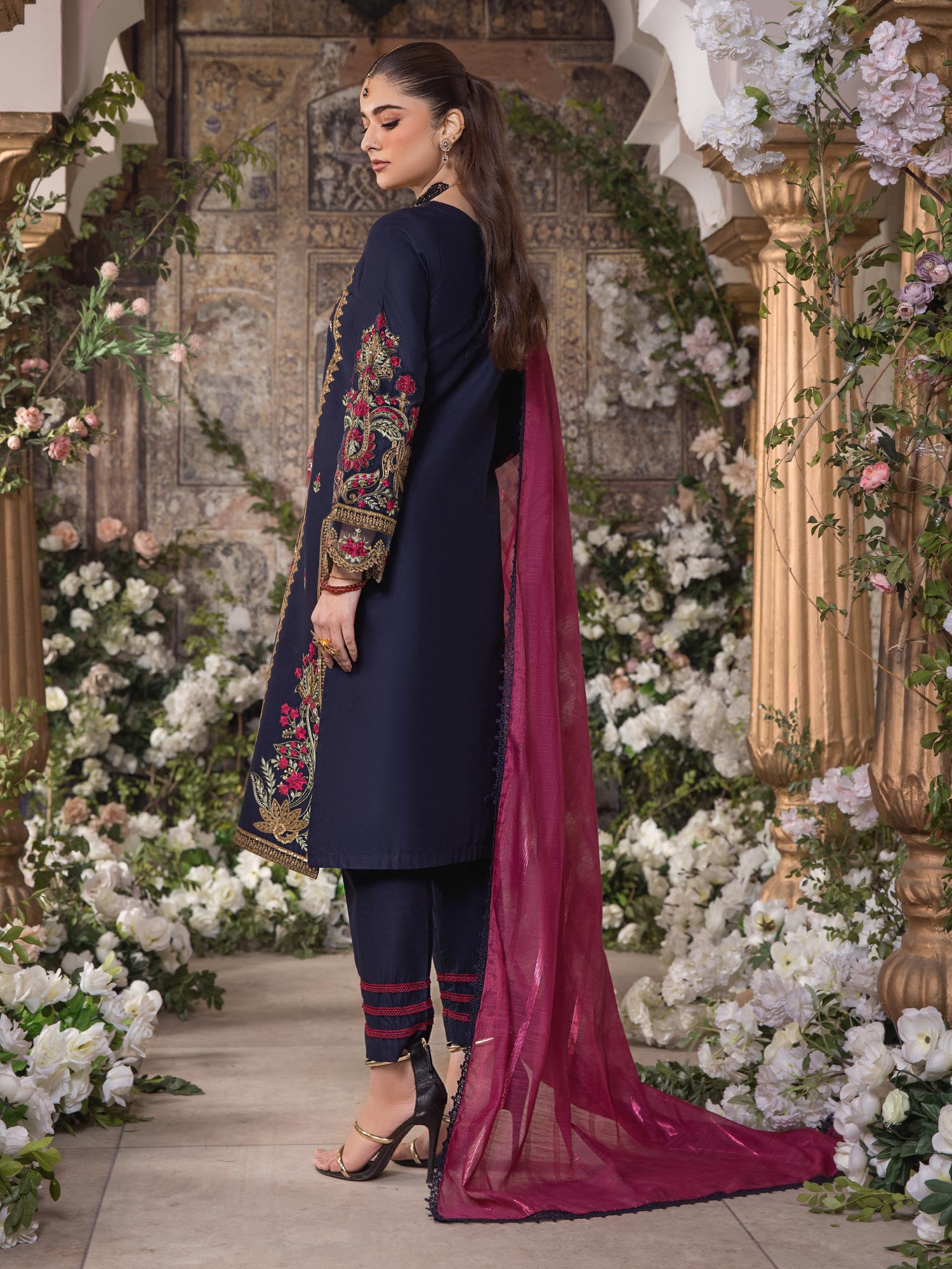Heera's Navy Blue Embroidered Cambric Cotton 3-Piece Suit