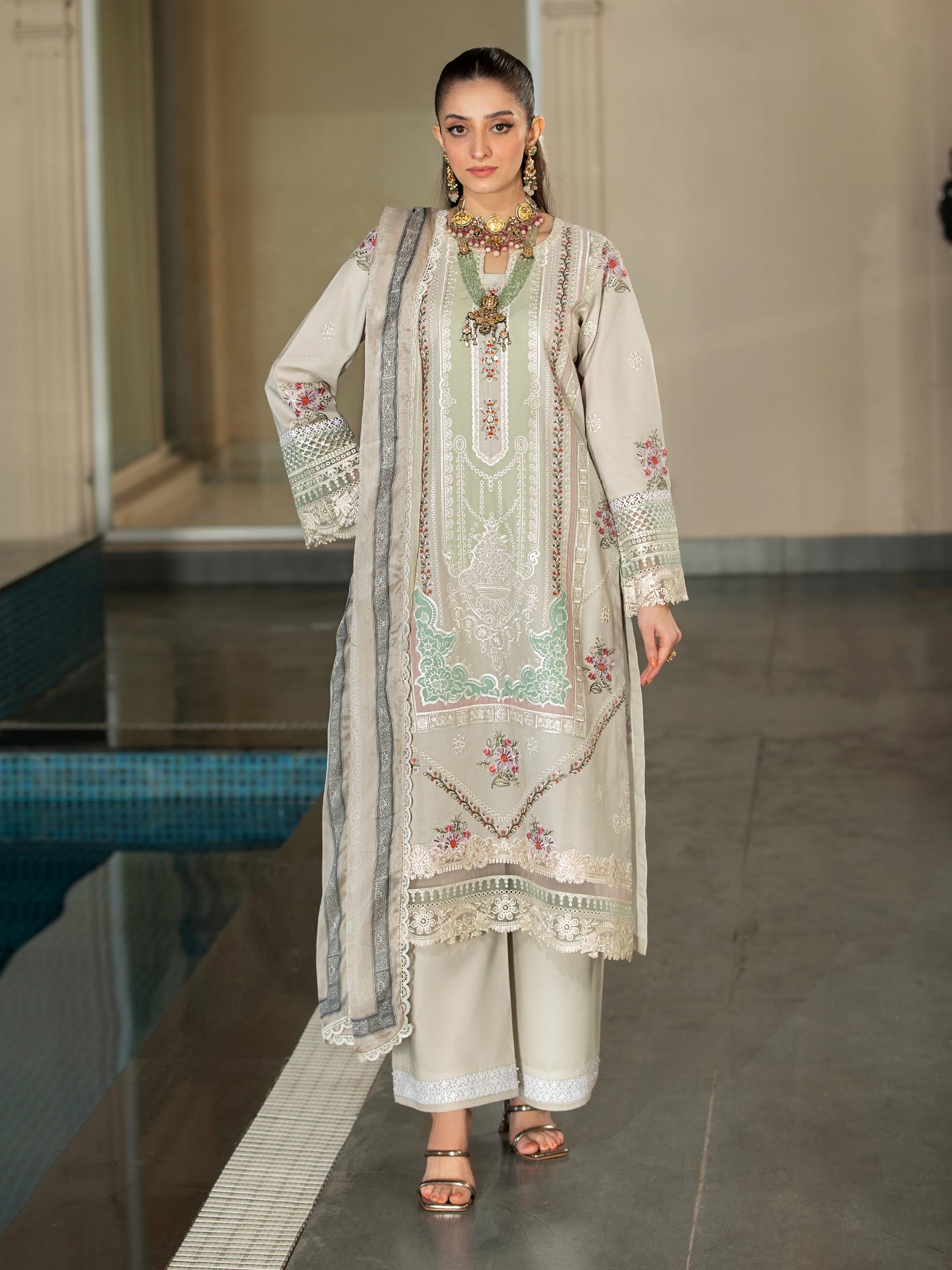 Heera's Green-Grey Embroidered Cambric Cotton 3-Piece Suit