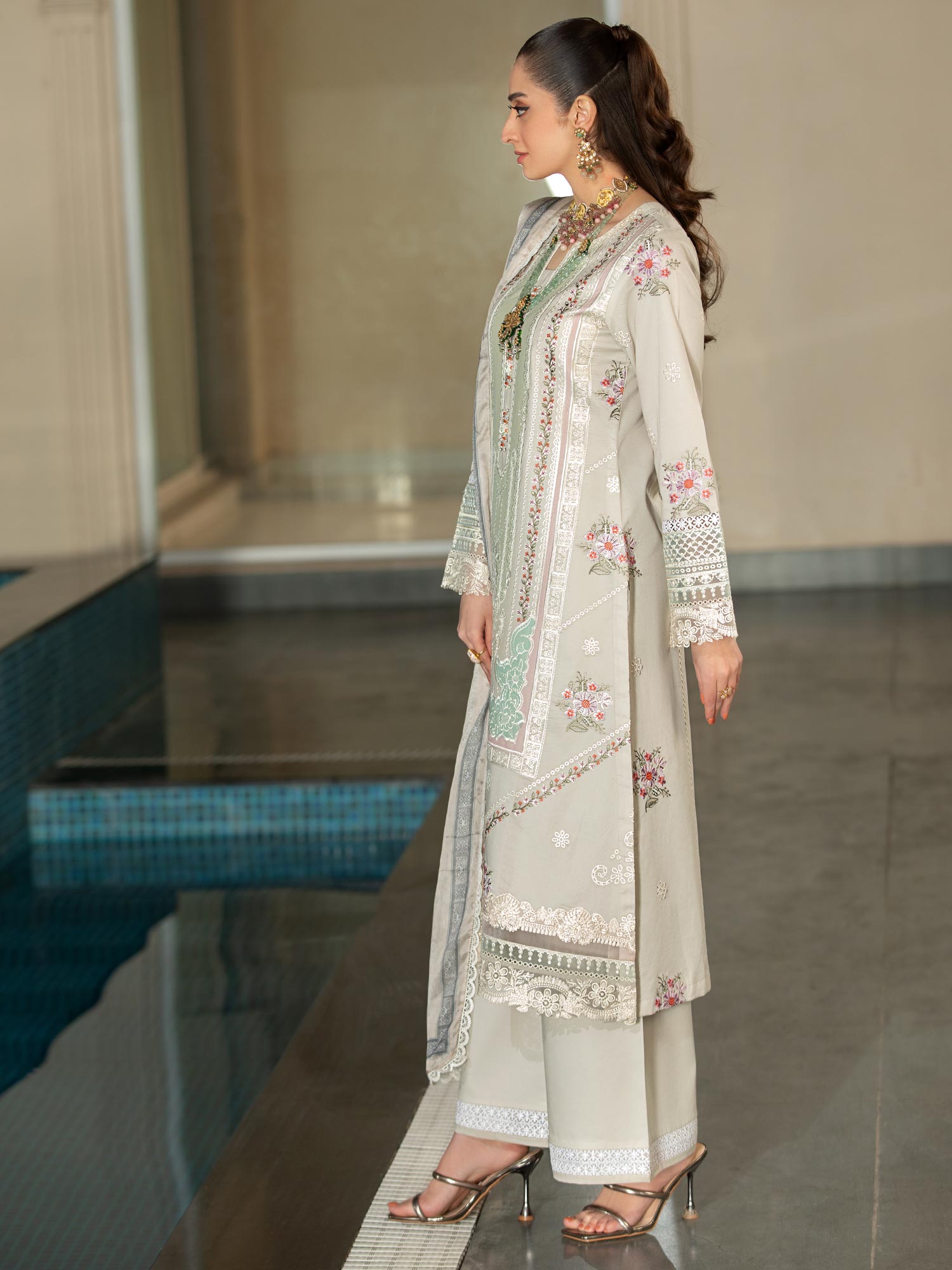 Heera's Green-Grey Embroidered Cambric Cotton 3-Piece Suit