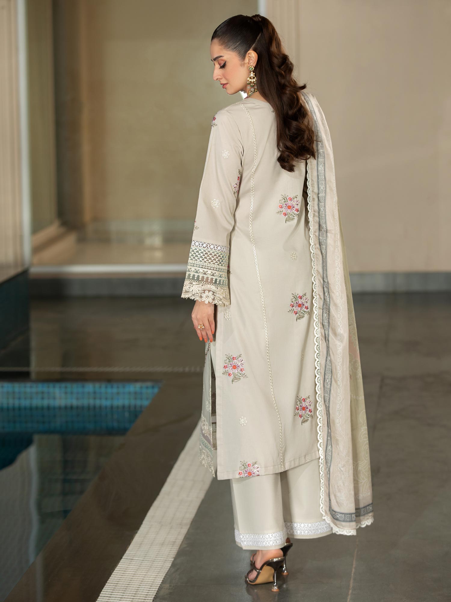 Heera's Green-Grey Embroidered Cambric Cotton 3-Piece Suit