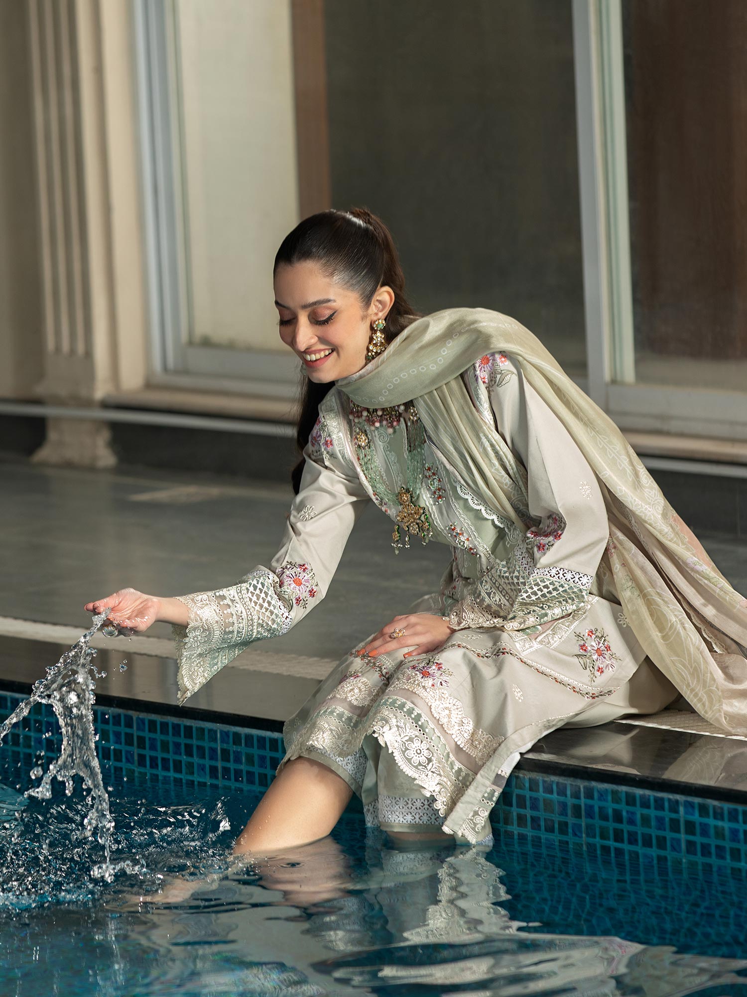 Heera's Green-Grey Embroidered Cambric Cotton 3-Piece Suit