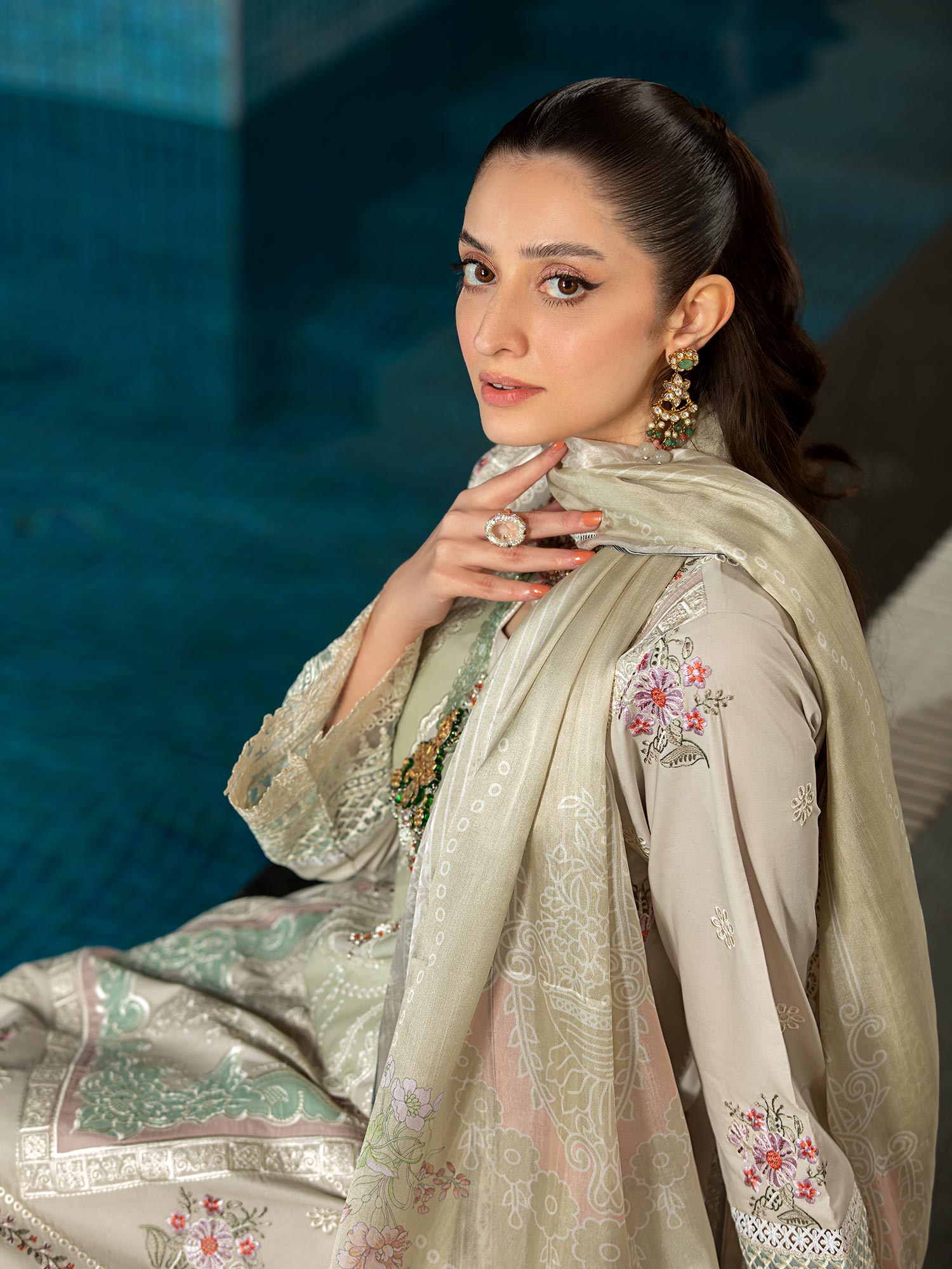 Heera's Green-Grey Embroidered Cambric Cotton 3-Piece Suit