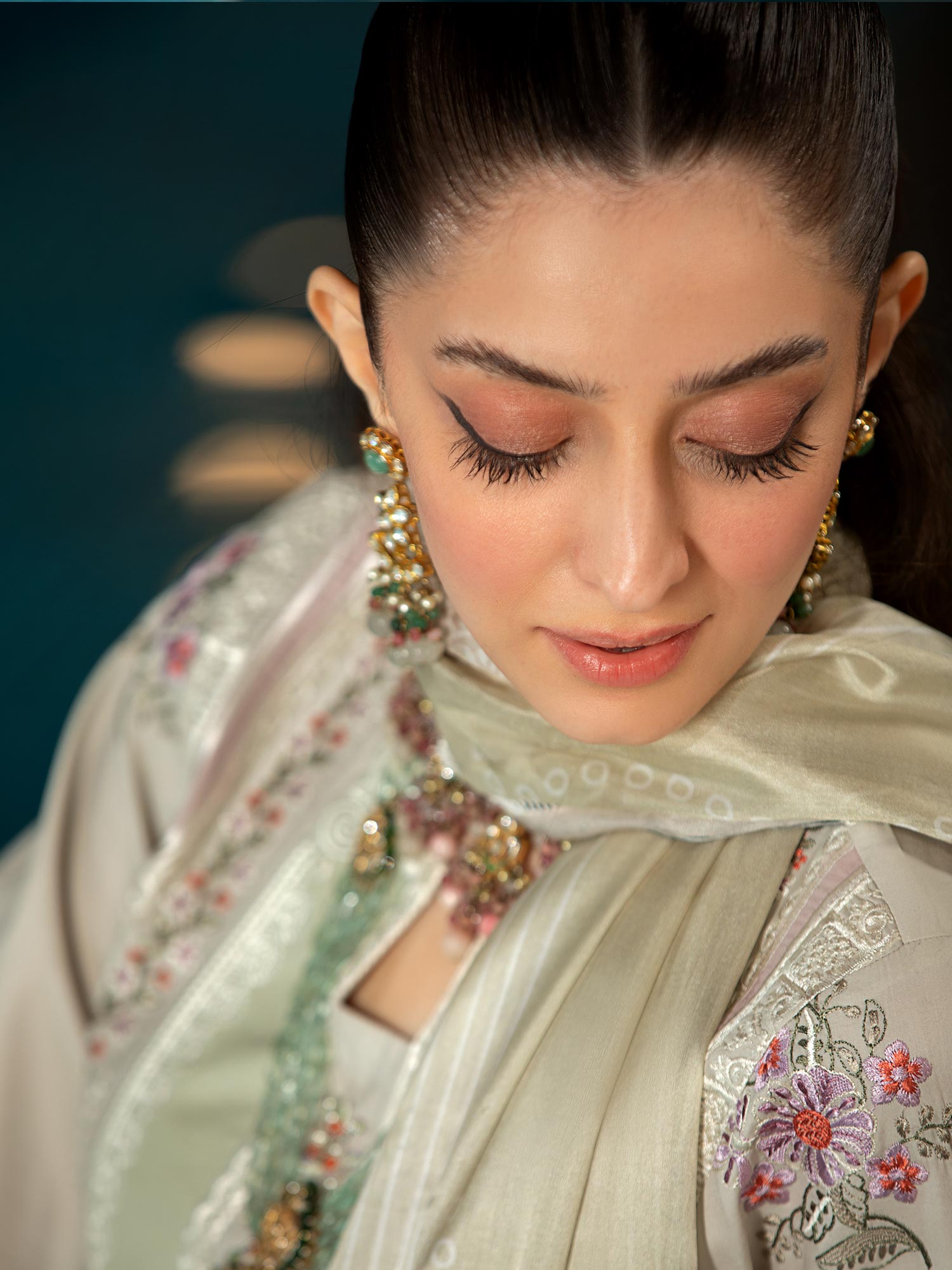 Heera's Green-Grey Embroidered Cambric Cotton 3-Piece Suit