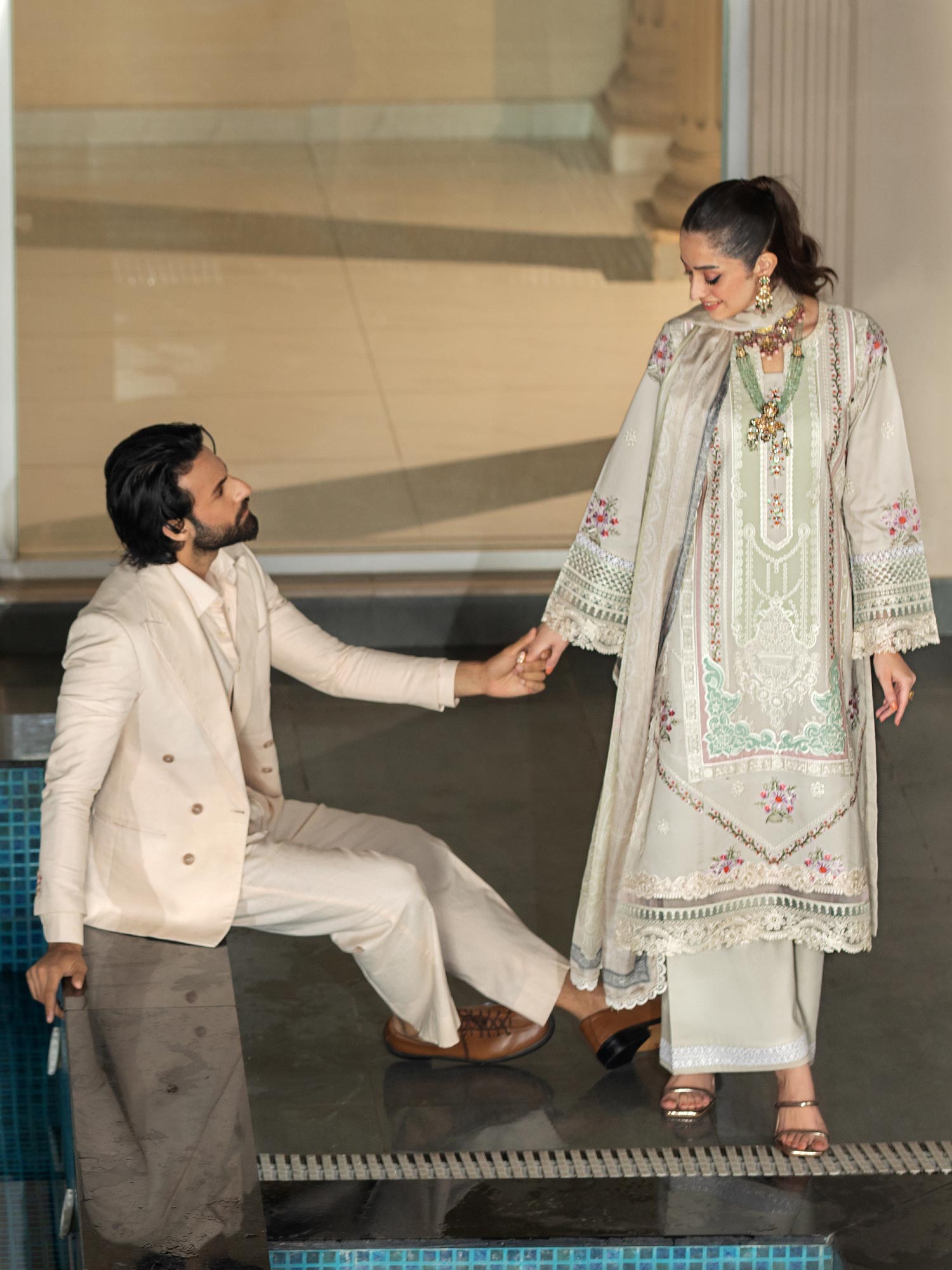 Heera's Green-Grey Embroidered Cambric Cotton 3-Piece Suit