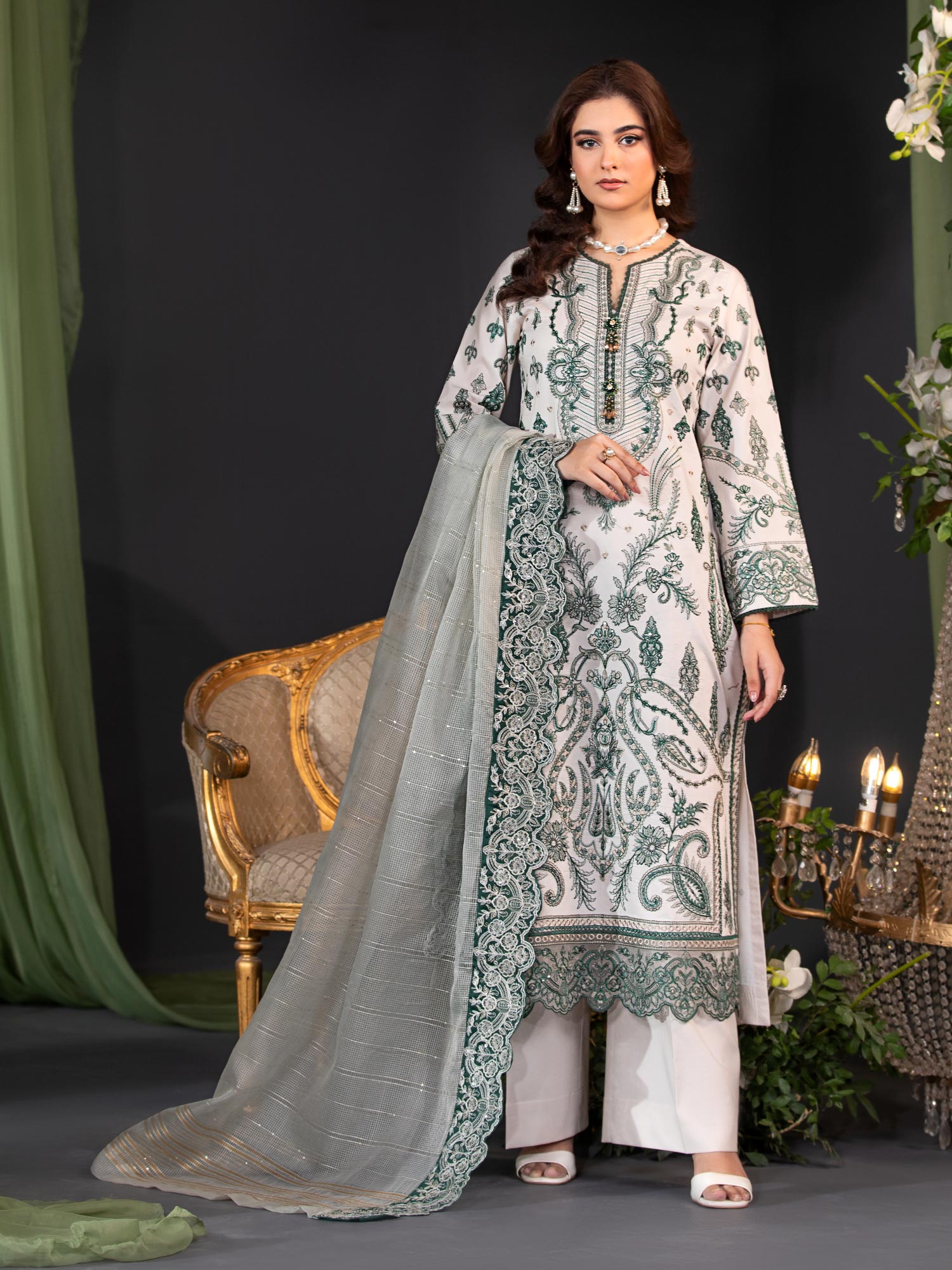 Heera's Green & Off-White Embroidered Cambric Cotton 3-Piece Suit