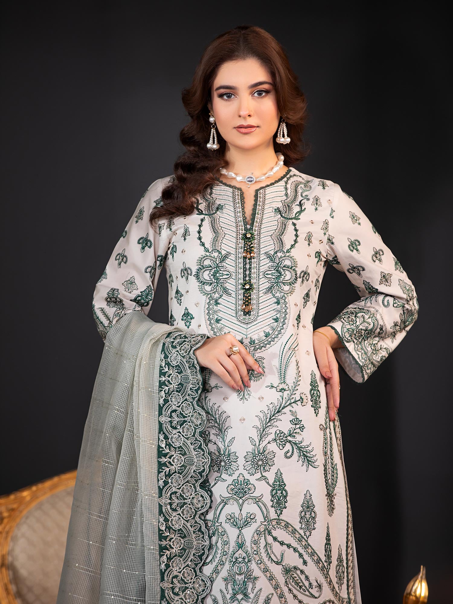 Heera's Green & Off-White Embroidered Cambric Cotton 3-Piece Suit