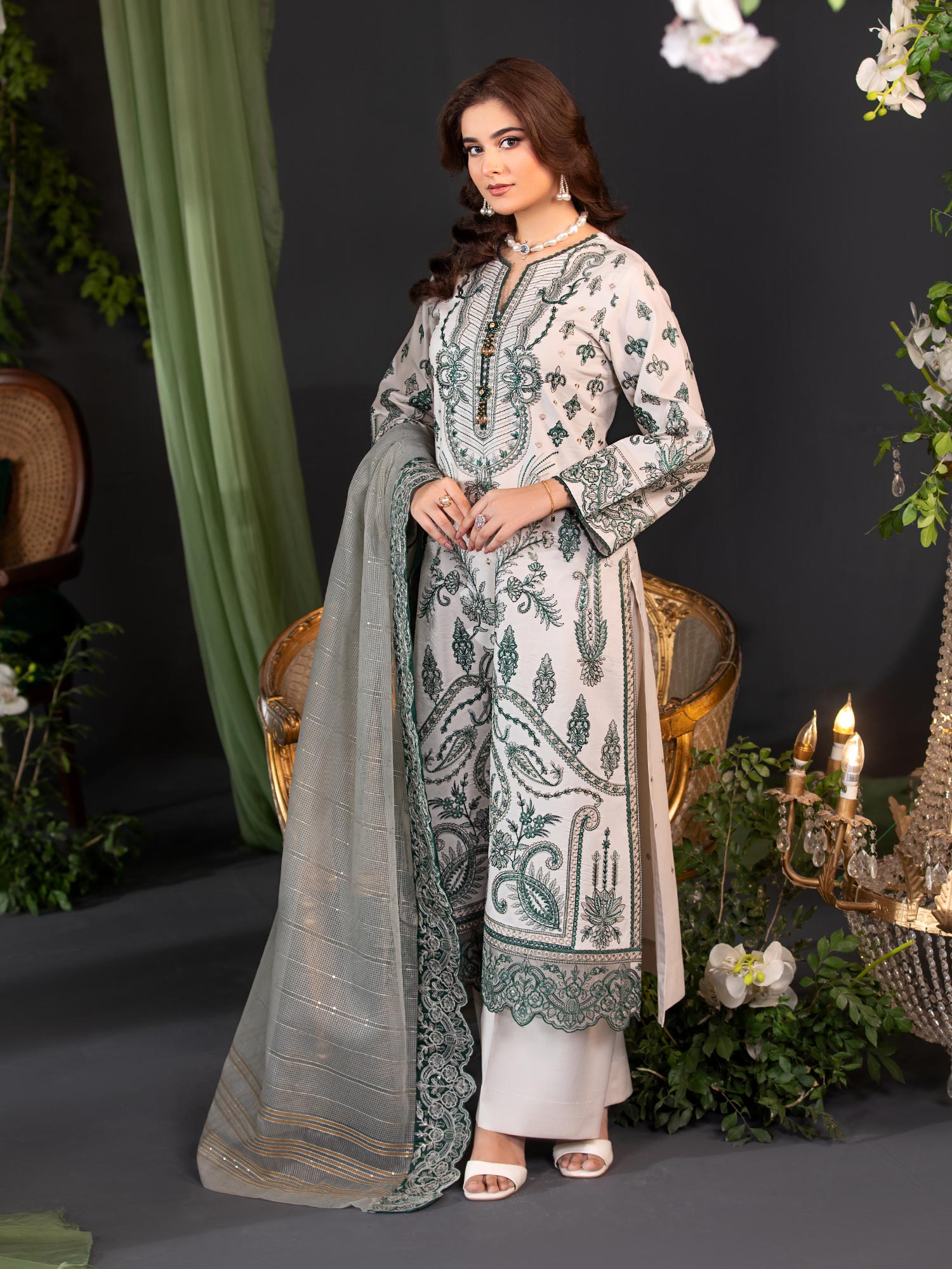 Heera's Green & Off-White Embroidered Cambric Cotton 3-Piece Suit