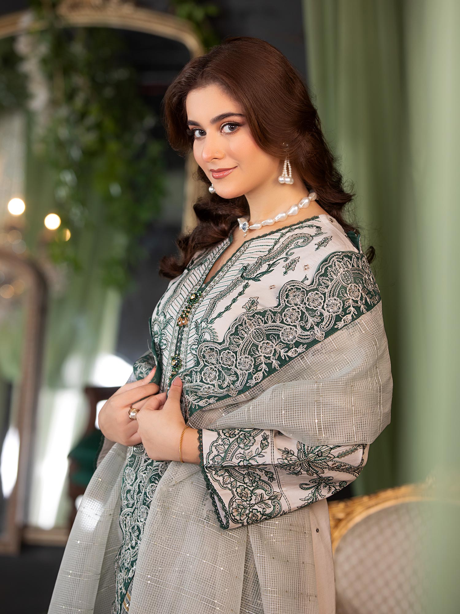Heera's Green & Off-White Embroidered Cambric Cotton 3-Piece Suit