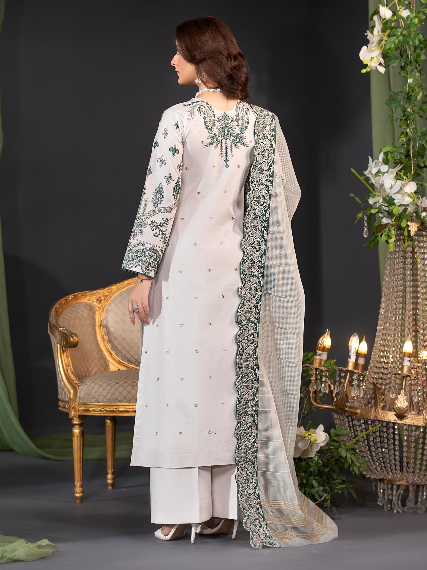 Heera's Green & Off-White Embroidered Cambric Cotton 3-Piece Suit