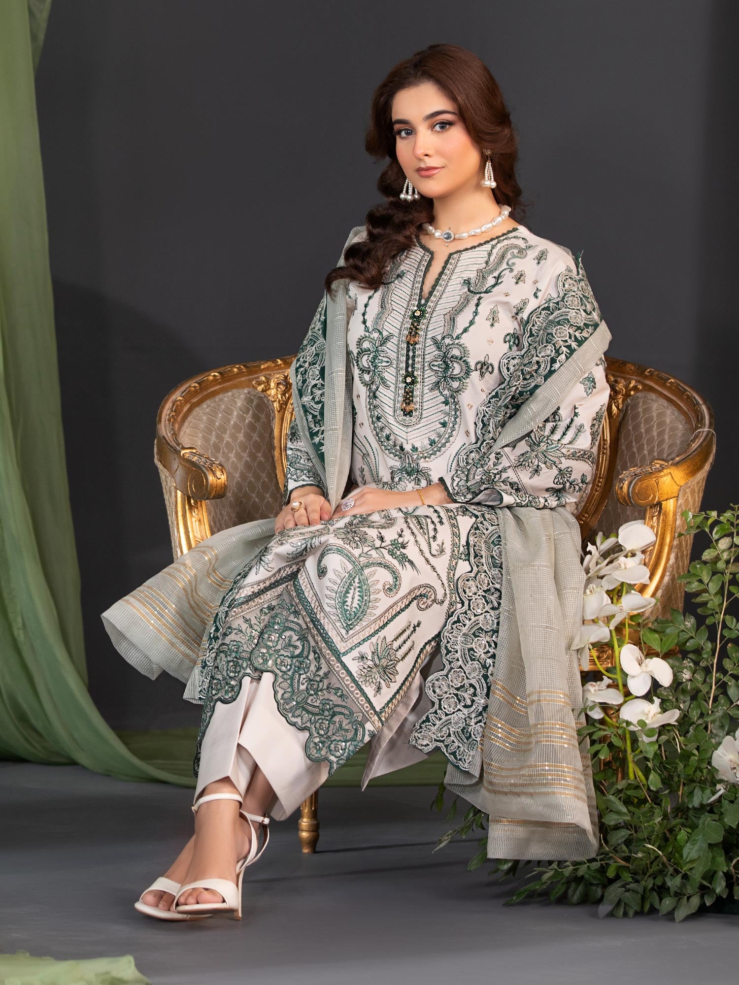 Heera's Green & Off-White Embroidered Cambric Cotton 3-Piece Suit